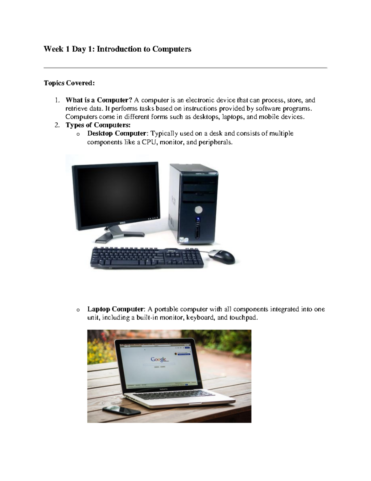 Week 1 Day 1 Notes Introduction to Computers Updated - Week 1 Day 1 ...