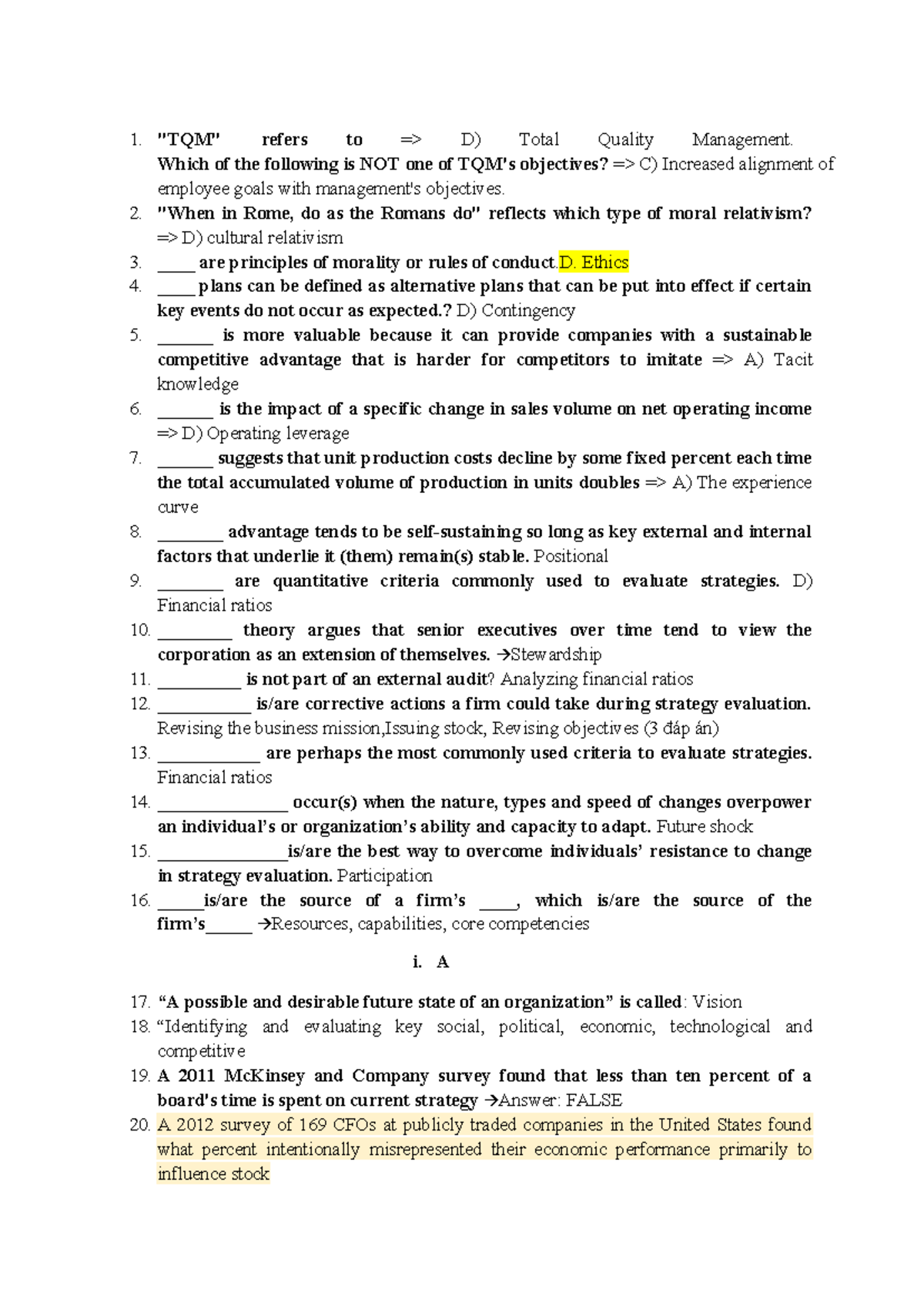 QTCL Final Exam Notes: Key Concepts in TQM and Strategy - Studocu