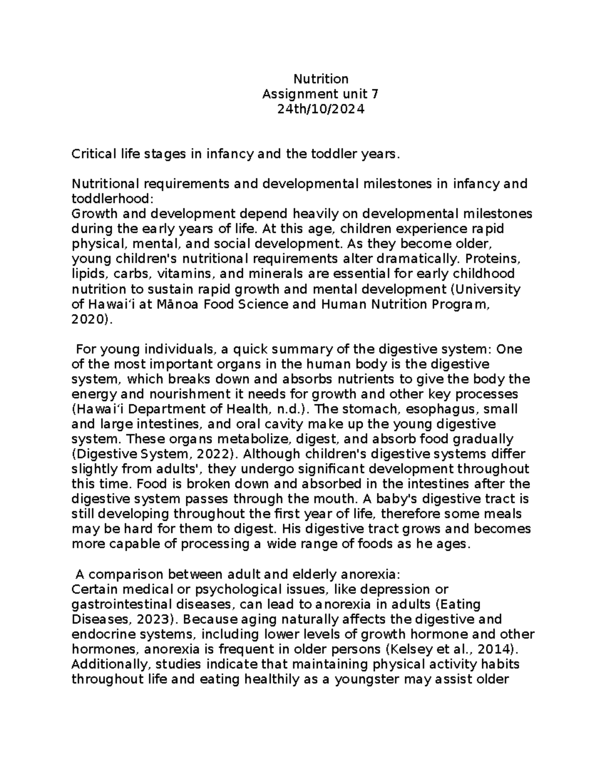 Nutrition Assignment Unit 7: Critical Life Stages in Infancy ...