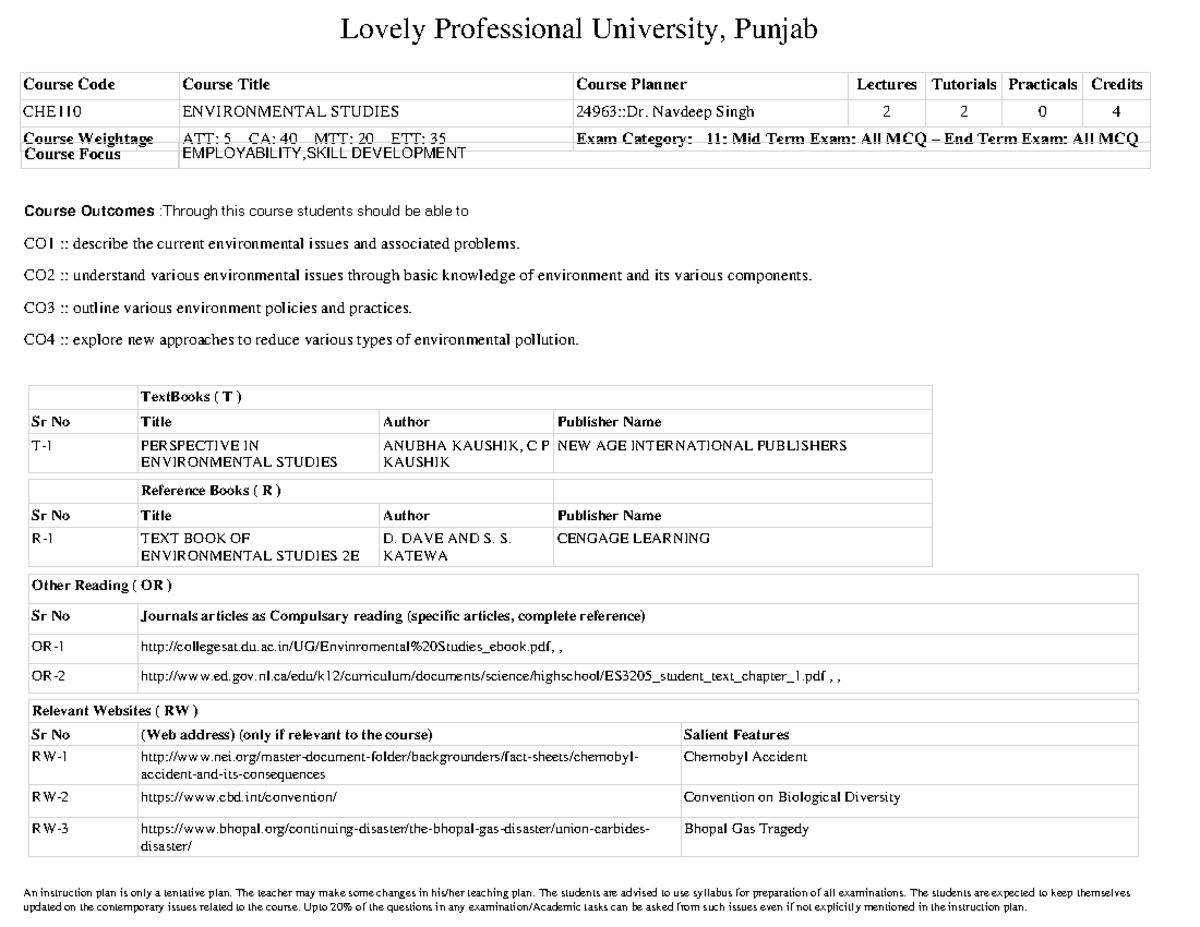 CHE110 Environmental Studies Course Overview and Planning - Studocu