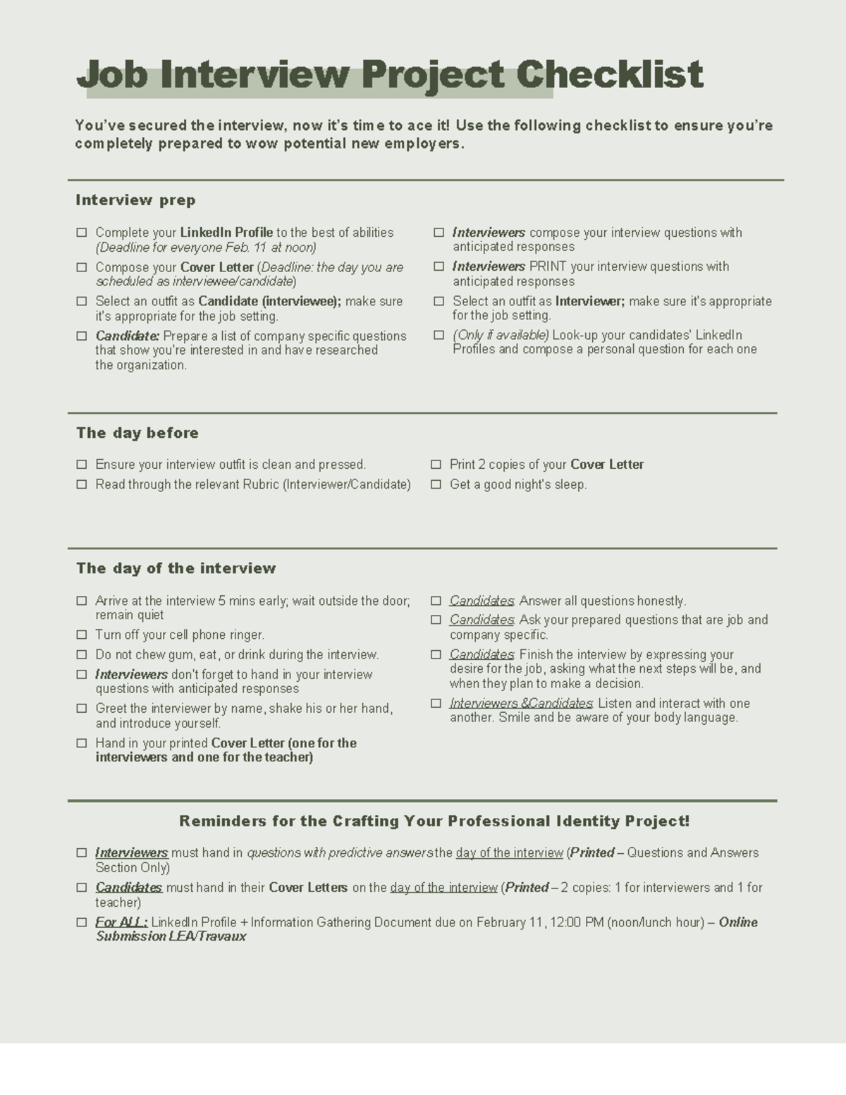 Job Interview Project Checklist: Prepare to Impress Employers - Studocu