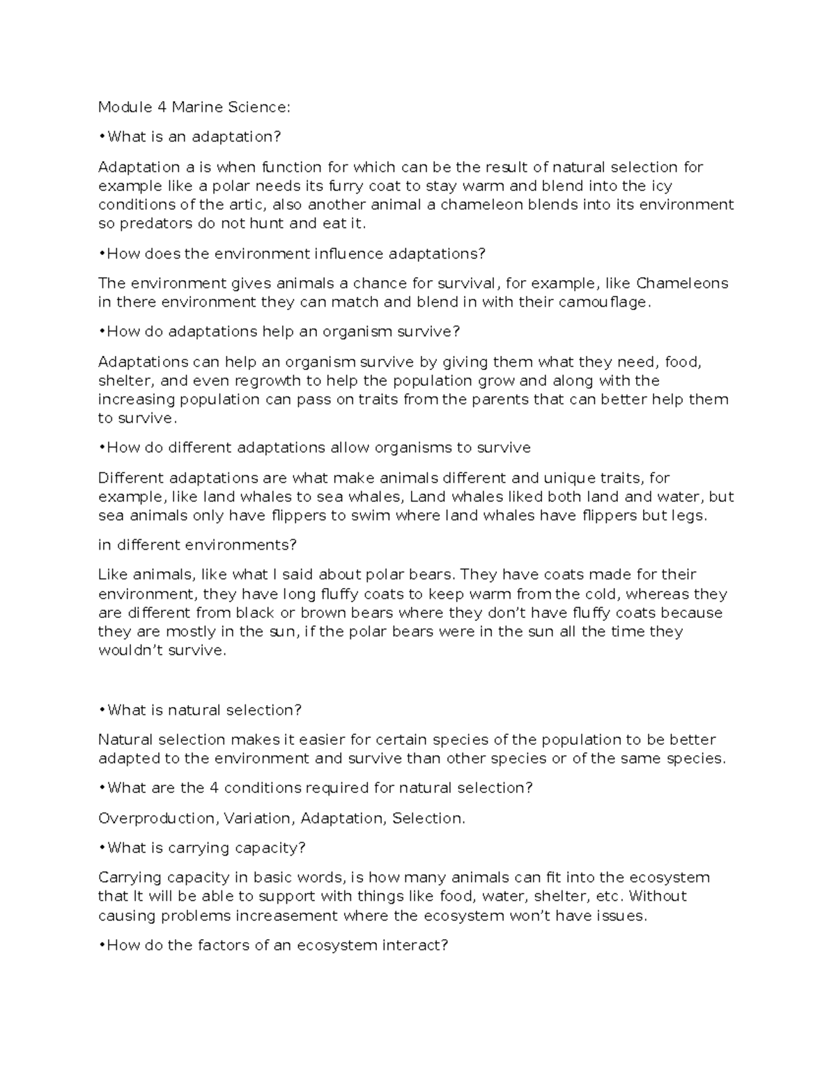 Module 5 Marine Science: Understanding Adaptations and Natural ...