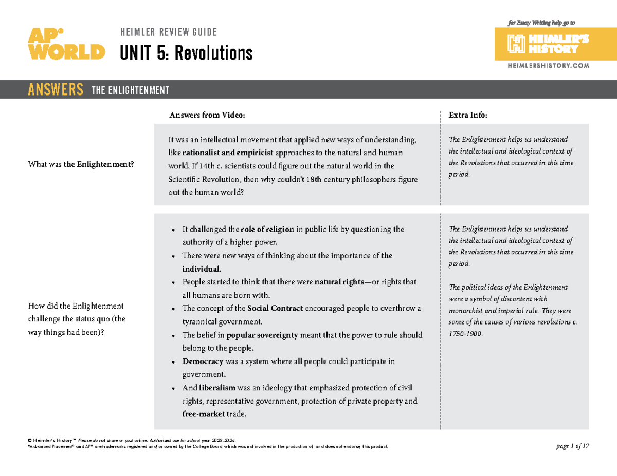 AP World HRG Unit 5 Noteguide Answers UNIT 5 Revolutions ANSWERS THE