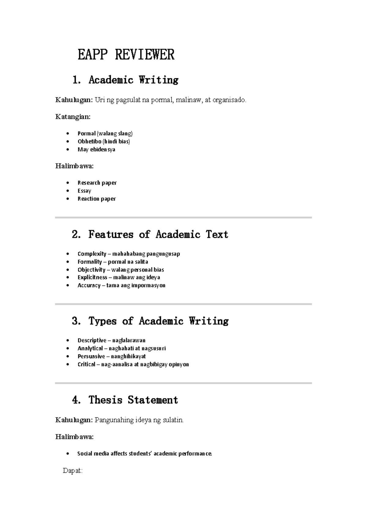 EAPP 101: Comprehensive Academic Writing Reviewer - Studocu