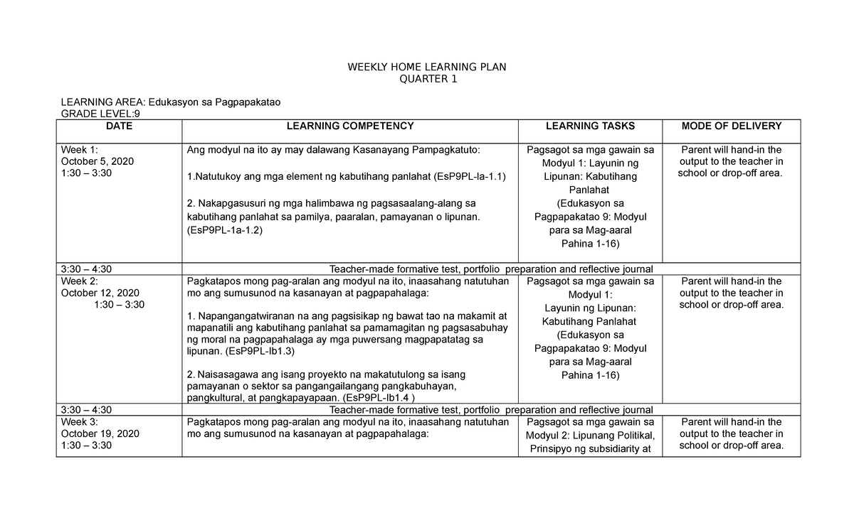 Home learning plan Grade 9 - WEEKLY HOME LEARNING PLAN QUARTER 1 ...