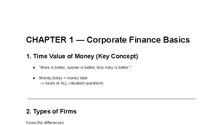 Fin 300 Midterm Exam Notes: Chapters 1-5 on Corporate Finance Basics ...