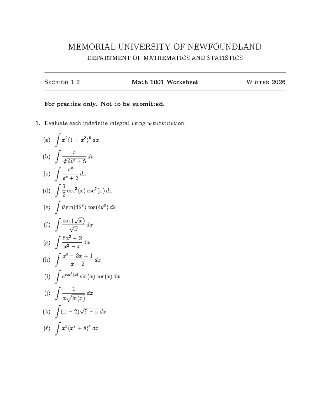 Math 1001 Winter 2026 Worksheet 1.2: Indefinite Integrals Practice ...