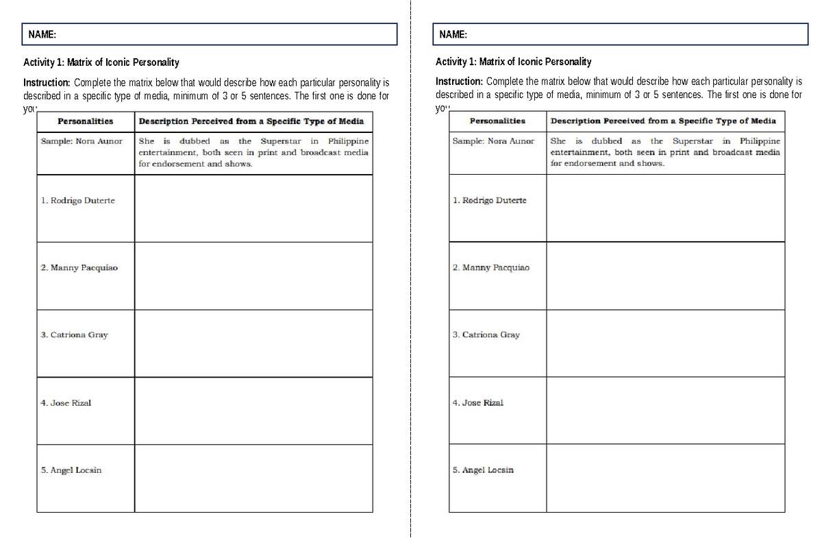 G11 activity wirk - Activity 1: Matrix of Iconic Personality ...