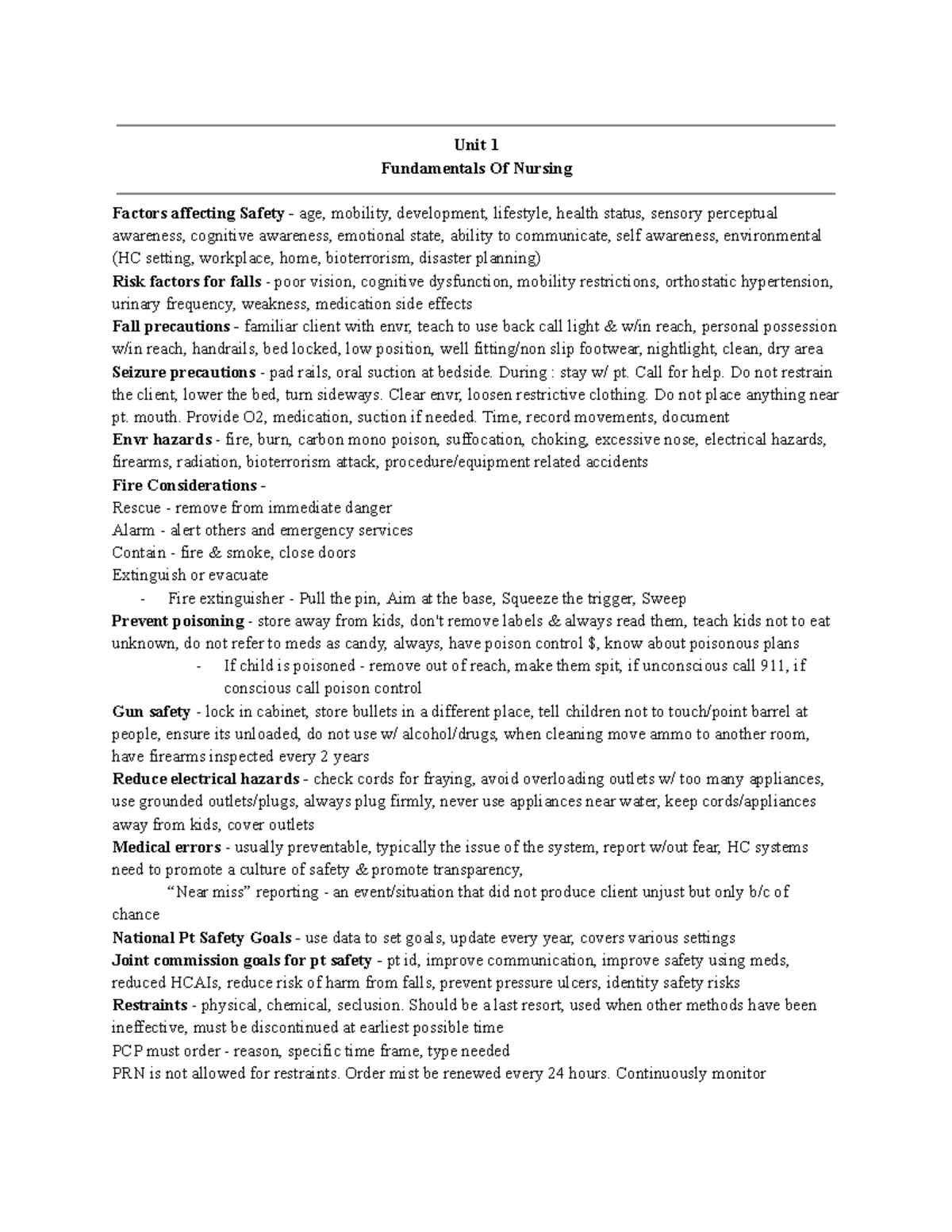 NUR 101 Exam 1 Notes: Fundamentals of Nursing & Safety Factors - Studocu