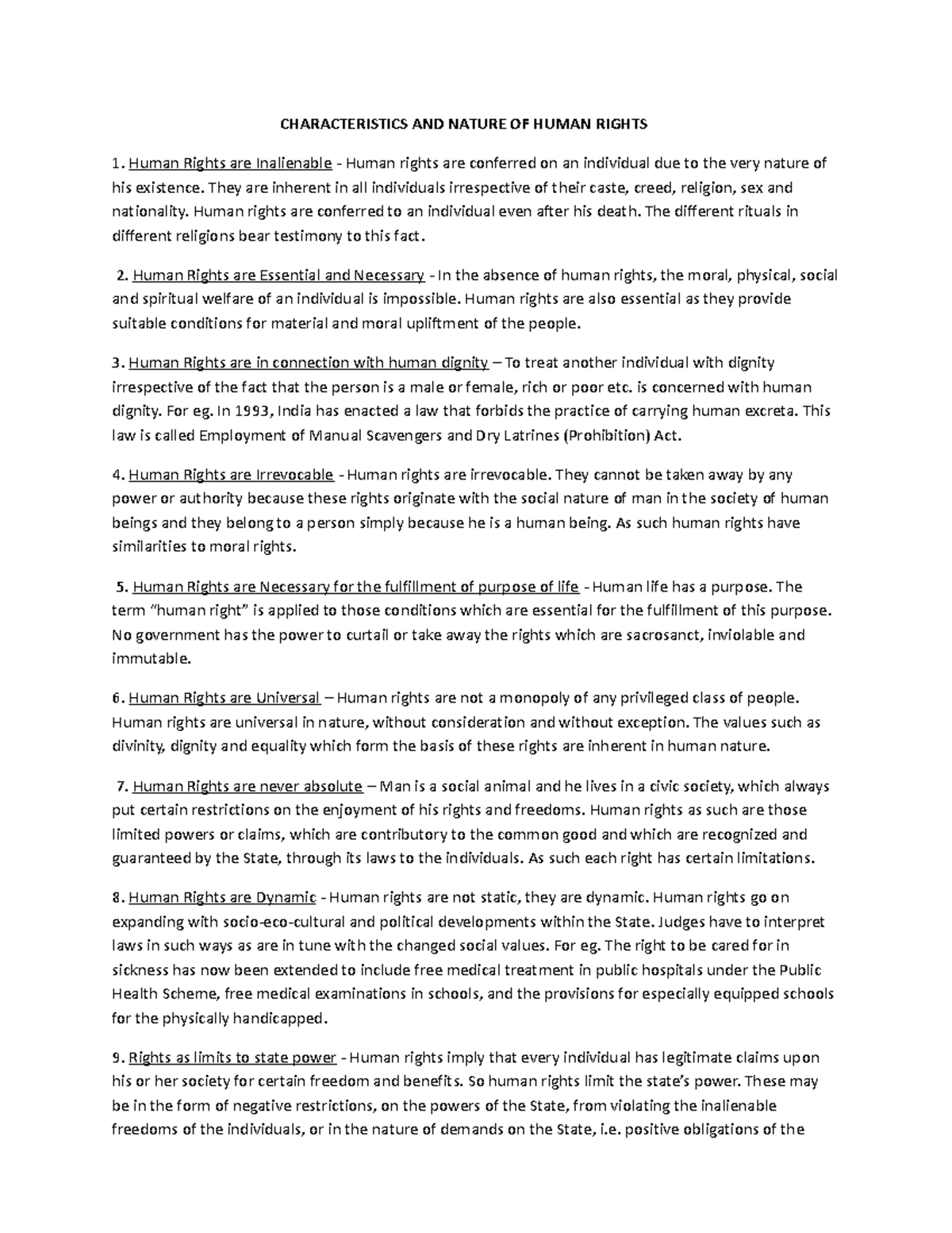Human Rights - Lecture notes - CHARACTERISTICS AND NATURE OF HUMAN ...