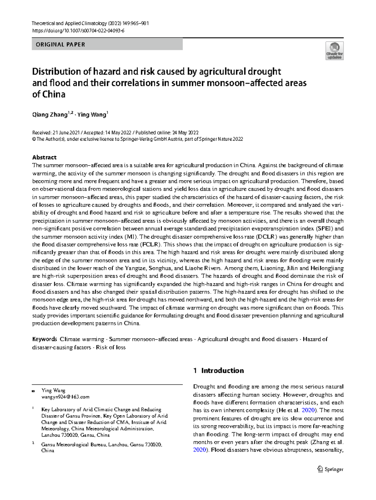 Distribution of Hazard and Risk from Agricultural Drought and Flood in ...