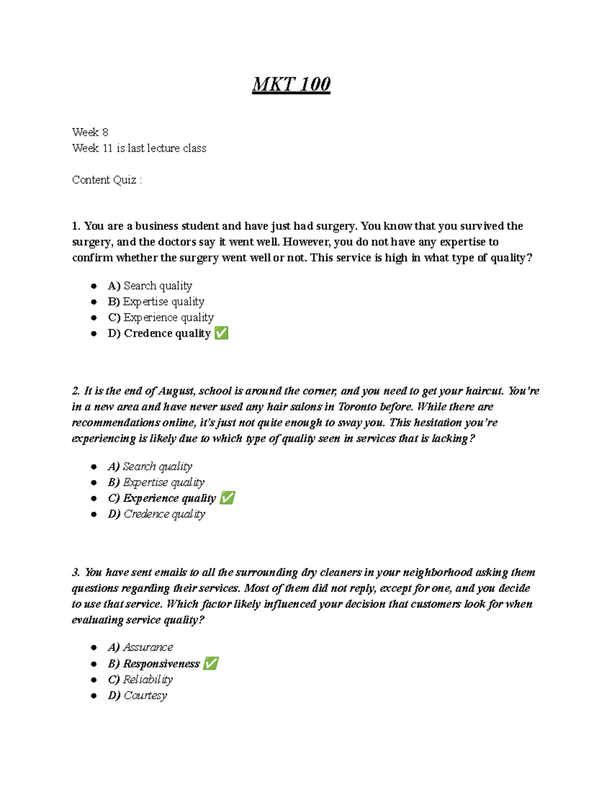 MKT 100 Week 8-11 Lecture Notes & Quiz Insights - Studocu