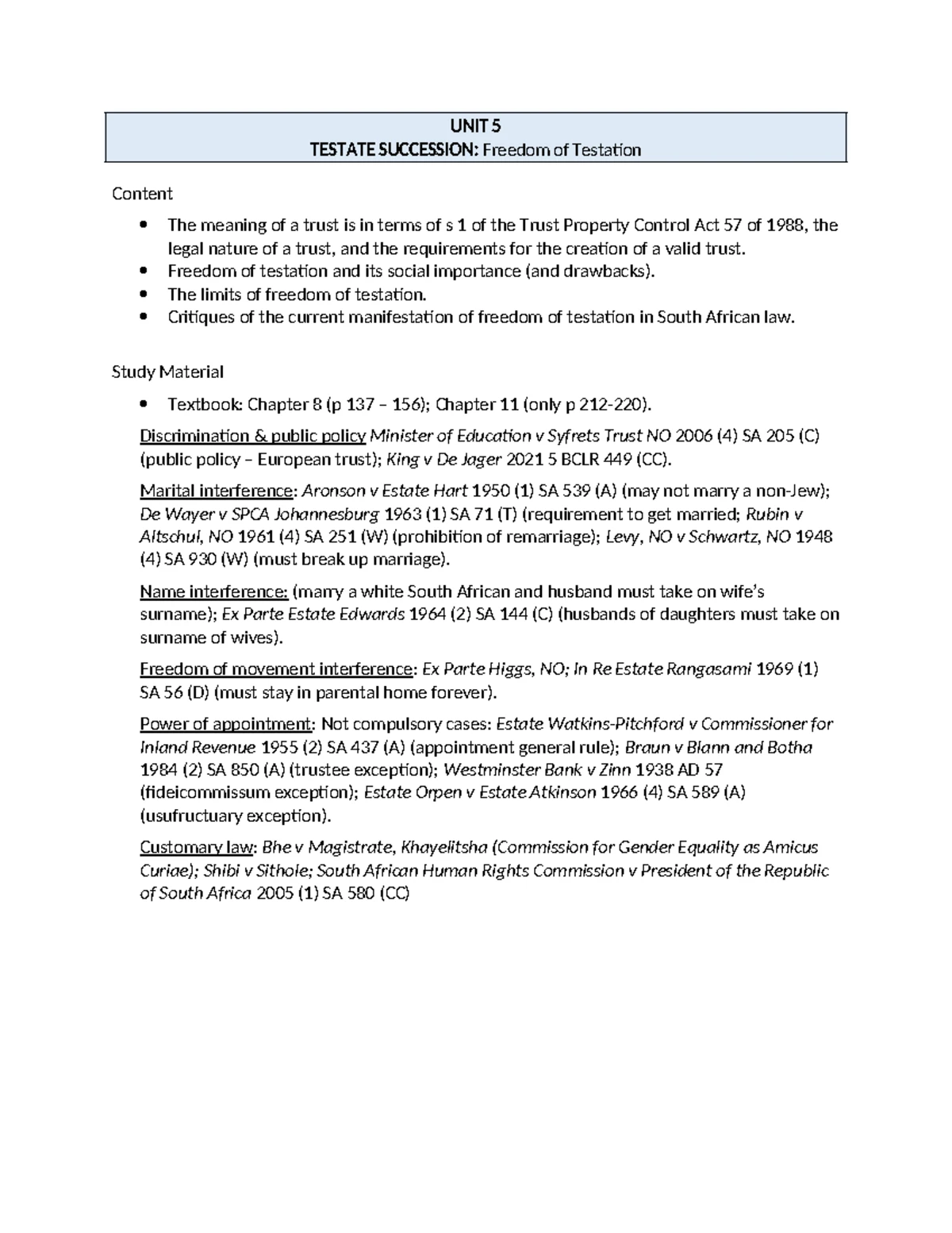 UNIT 6: Testate Succession & Content of Wills Analysis - Studocu
