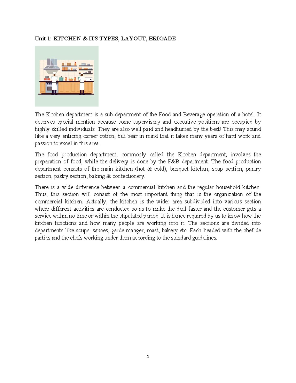 Unit 1: Introduction to Kitchen Types, Layout & Brigade System - Studocu