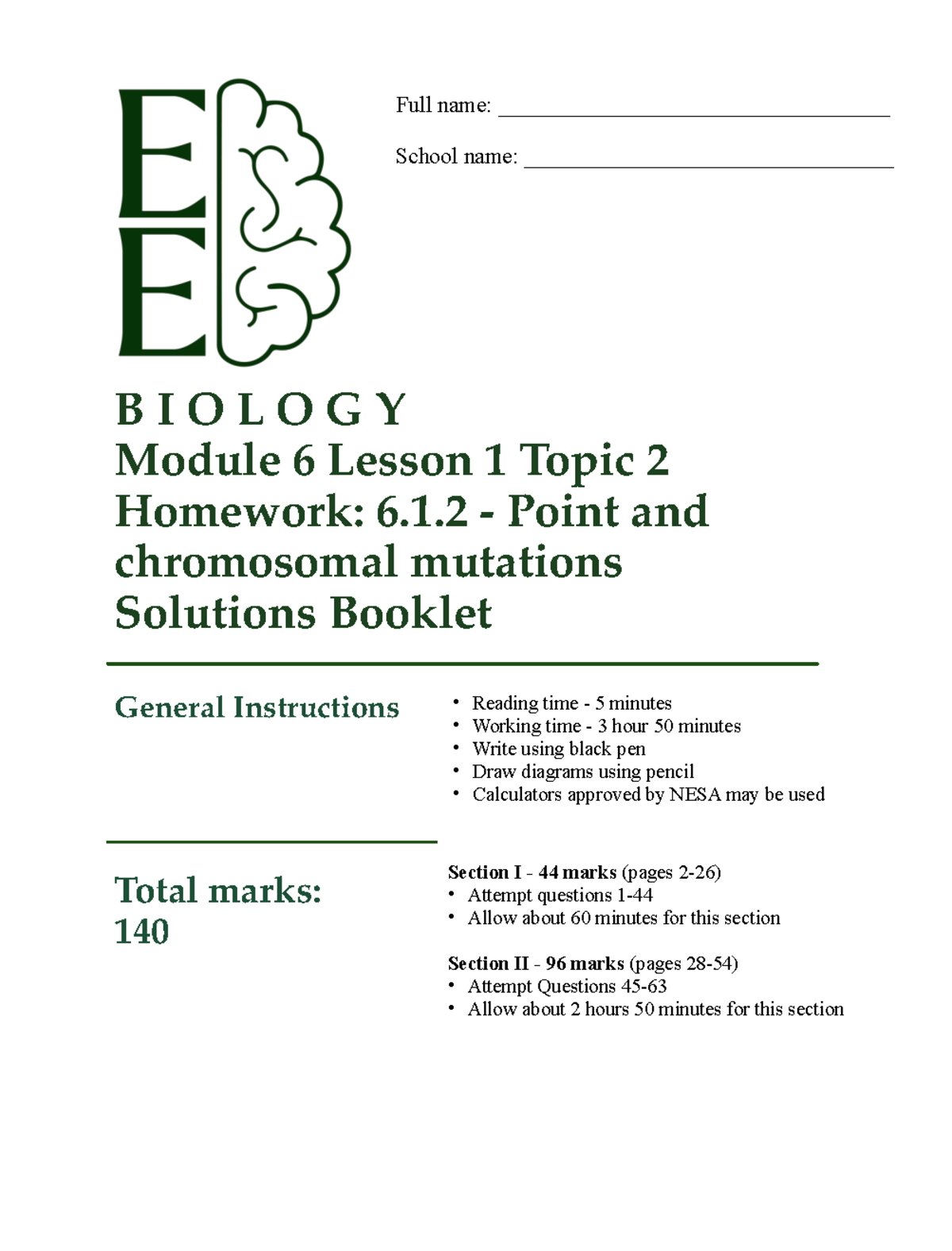 BIOLOGY Module 6 Lesson 1c Homework Solutions Booklet - Studocu