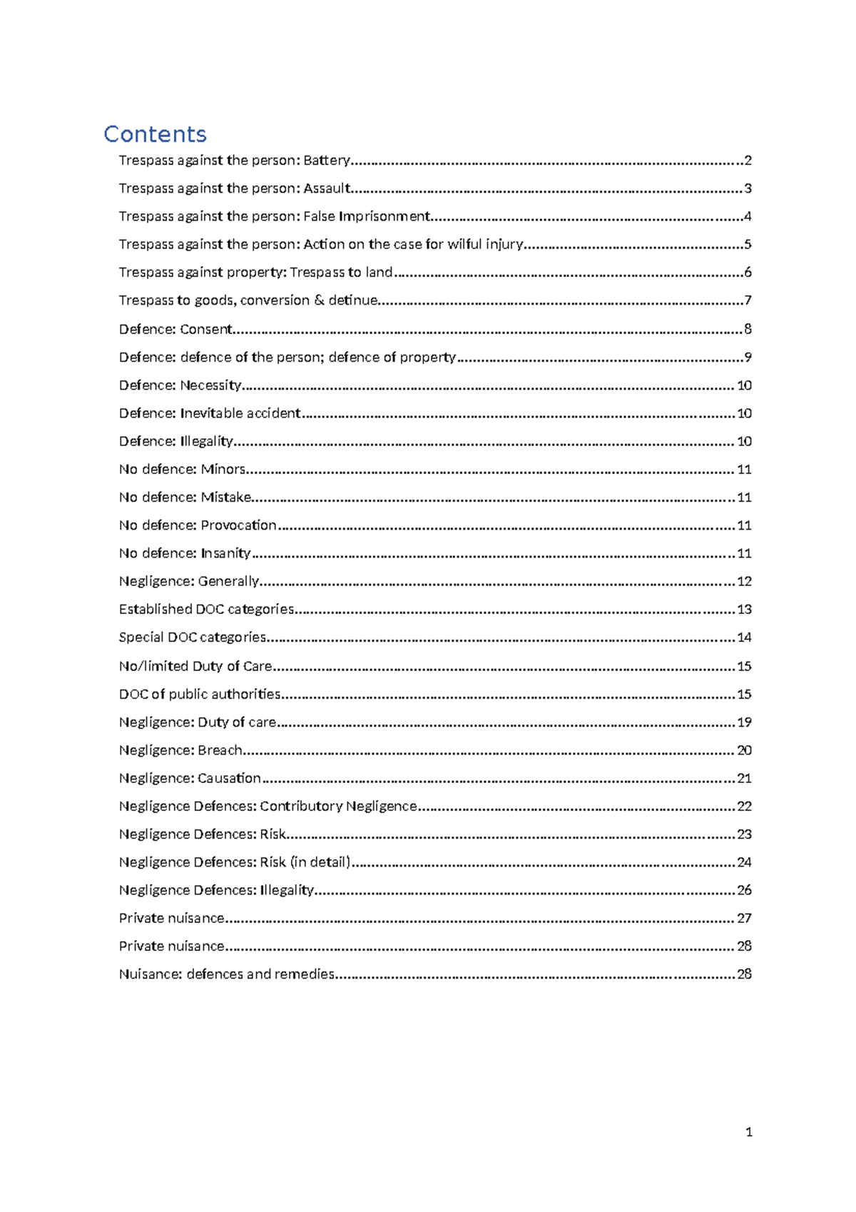 Torts Law Final Exam Notes (EXAM) - Key Concepts & Defenses - Studocu