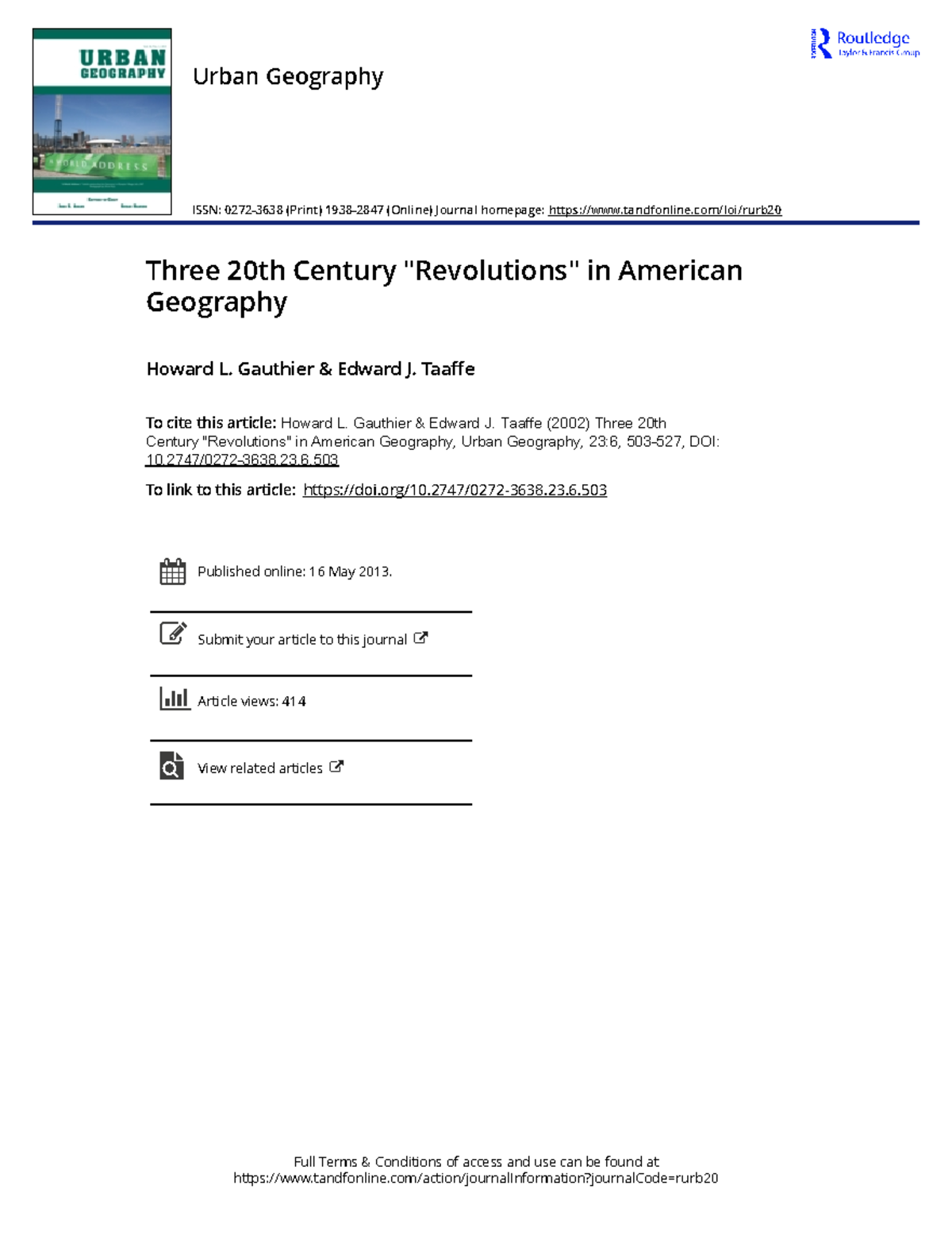 Three Revolutions in 20th Century American Geography: A Critical ...