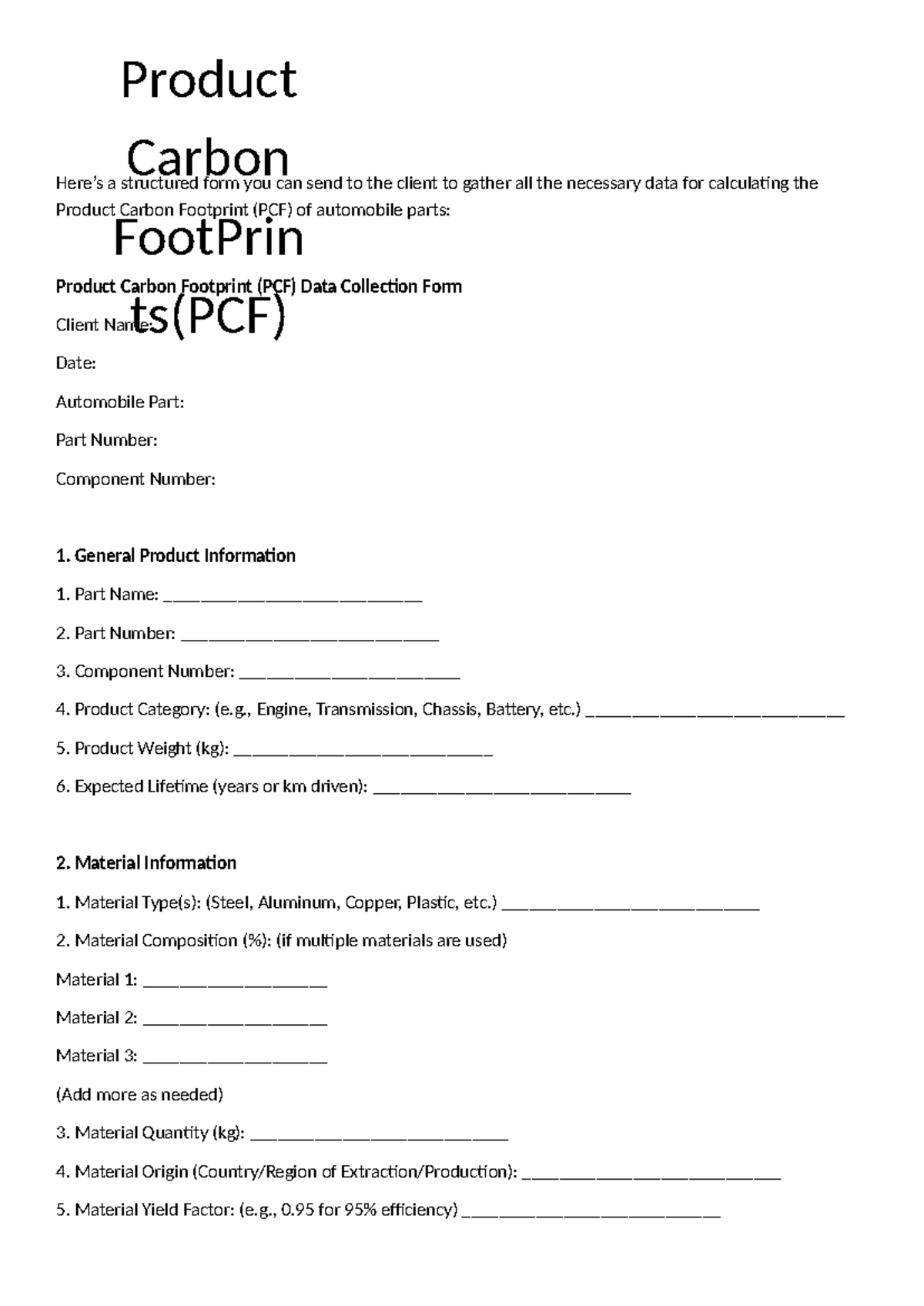 PCF Data Collection Form for Calculating Product Carbon Footprint - Studocu