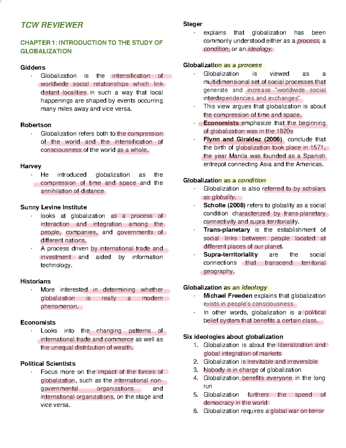 TCW- Globalization: Key Concepts and Theories Reviewer - Studocu