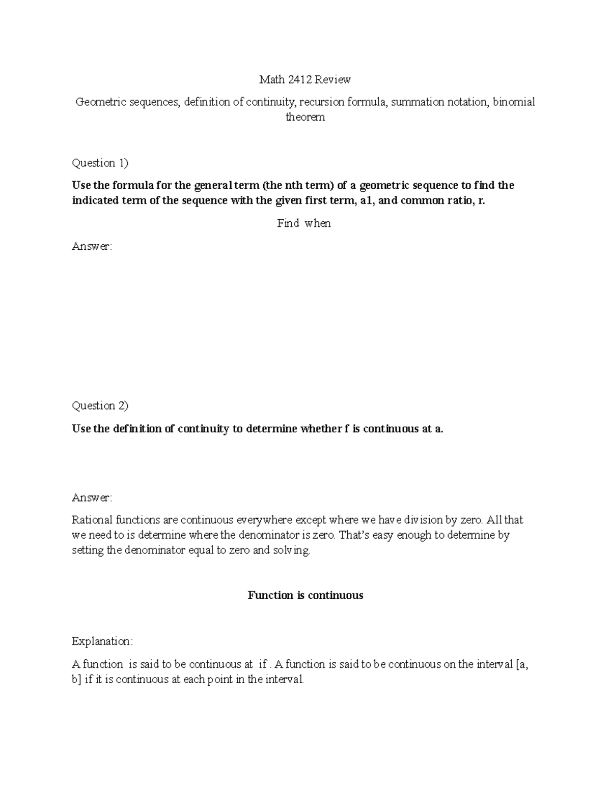 Math 2412 Final Exam Review: Geometric Sequences & Continuity Concepts ...