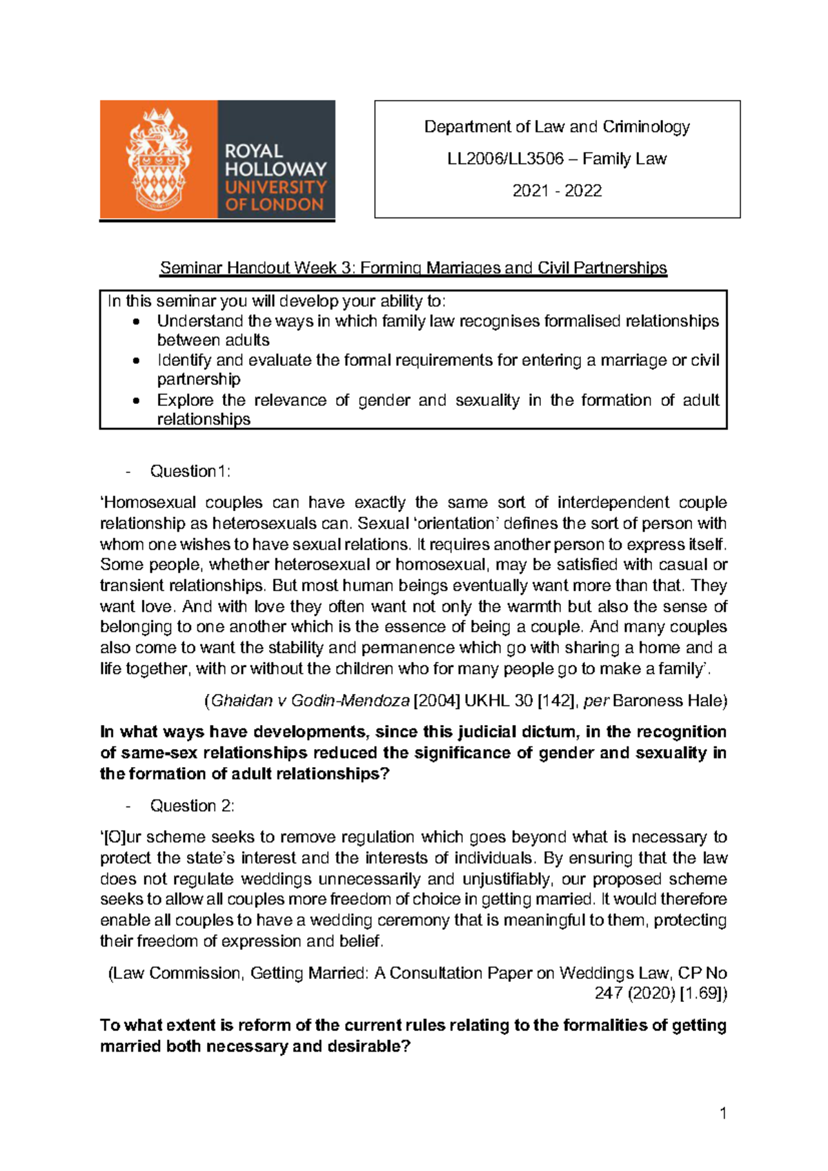 Family Law Seminar Handout Week 3Marriage - 1 Seminar Handout Week 3 ...
