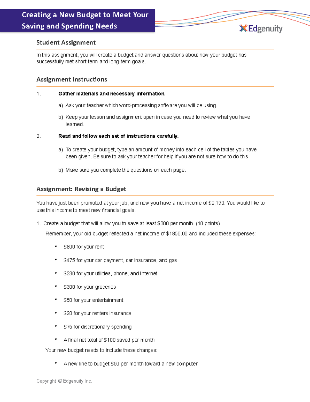 Creating a New Budget: Student Assignment for Financial Goals - Studocu