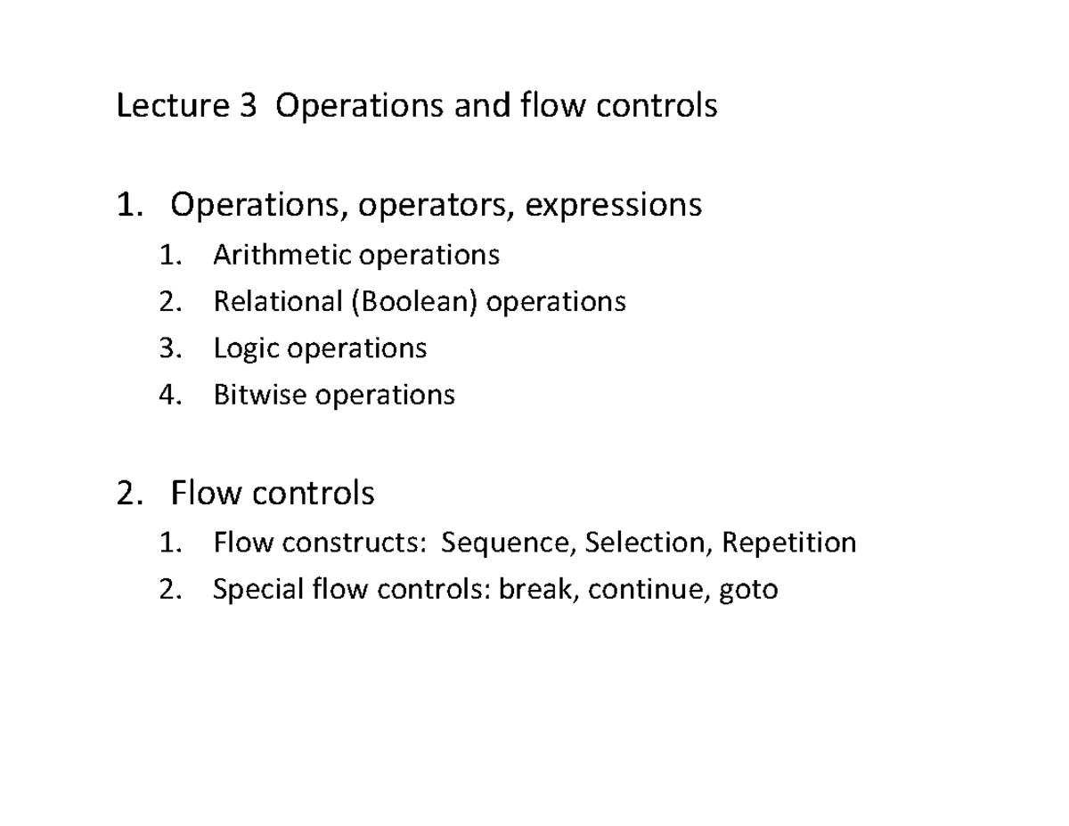 Cp264 Lecture 3: Operations and Flow Controls Overview - Studocu
