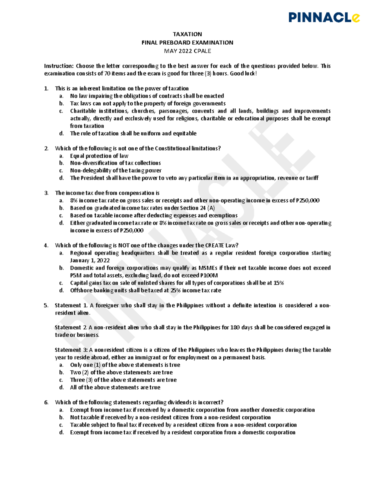 TAXATION FINAL PREBOARD EXAMINATION ANSWER KEY MAY 2022 CPALE - Studocu