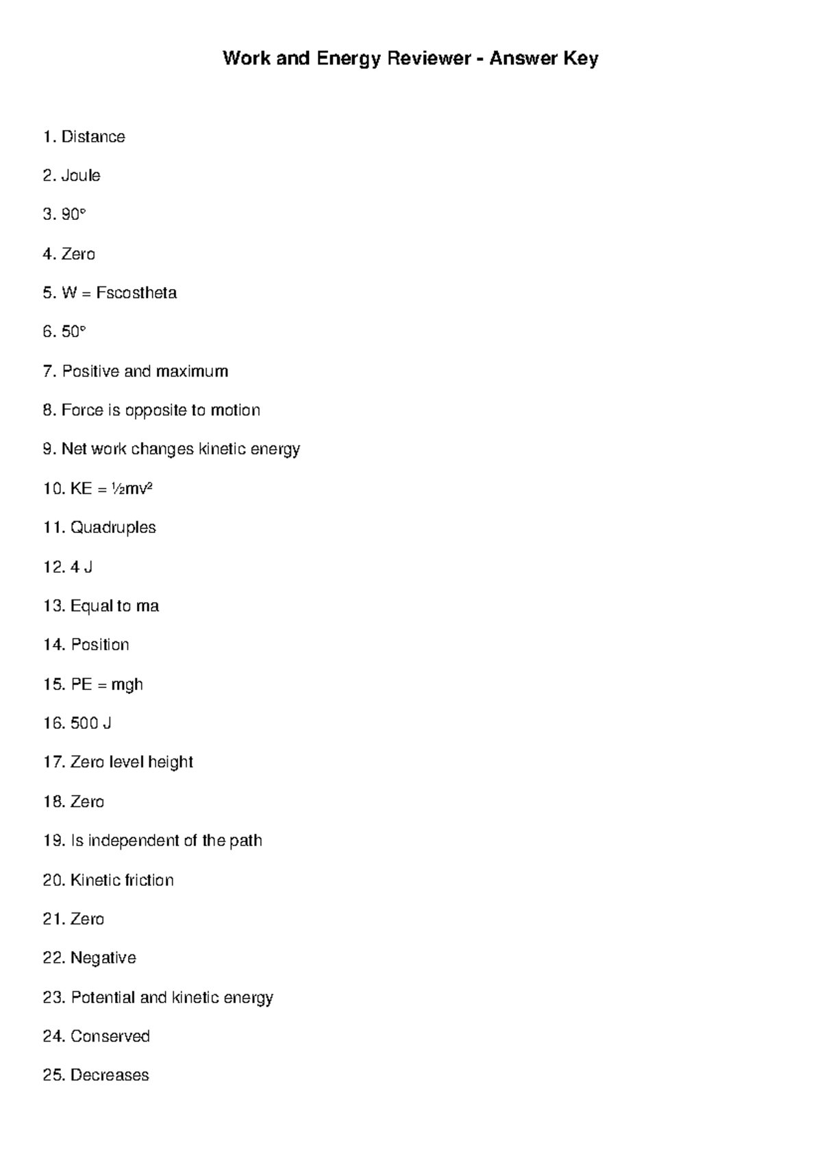 Work and Energy Reviewer Answer Key for Physics 101 - Studocu