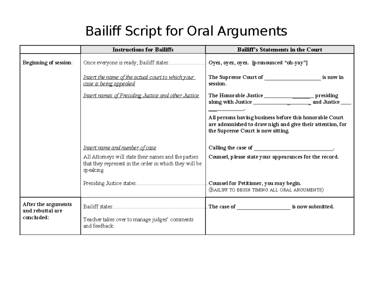 Bailiff Script for Oral Arguments in Court (Course Code: 70) - Studocu