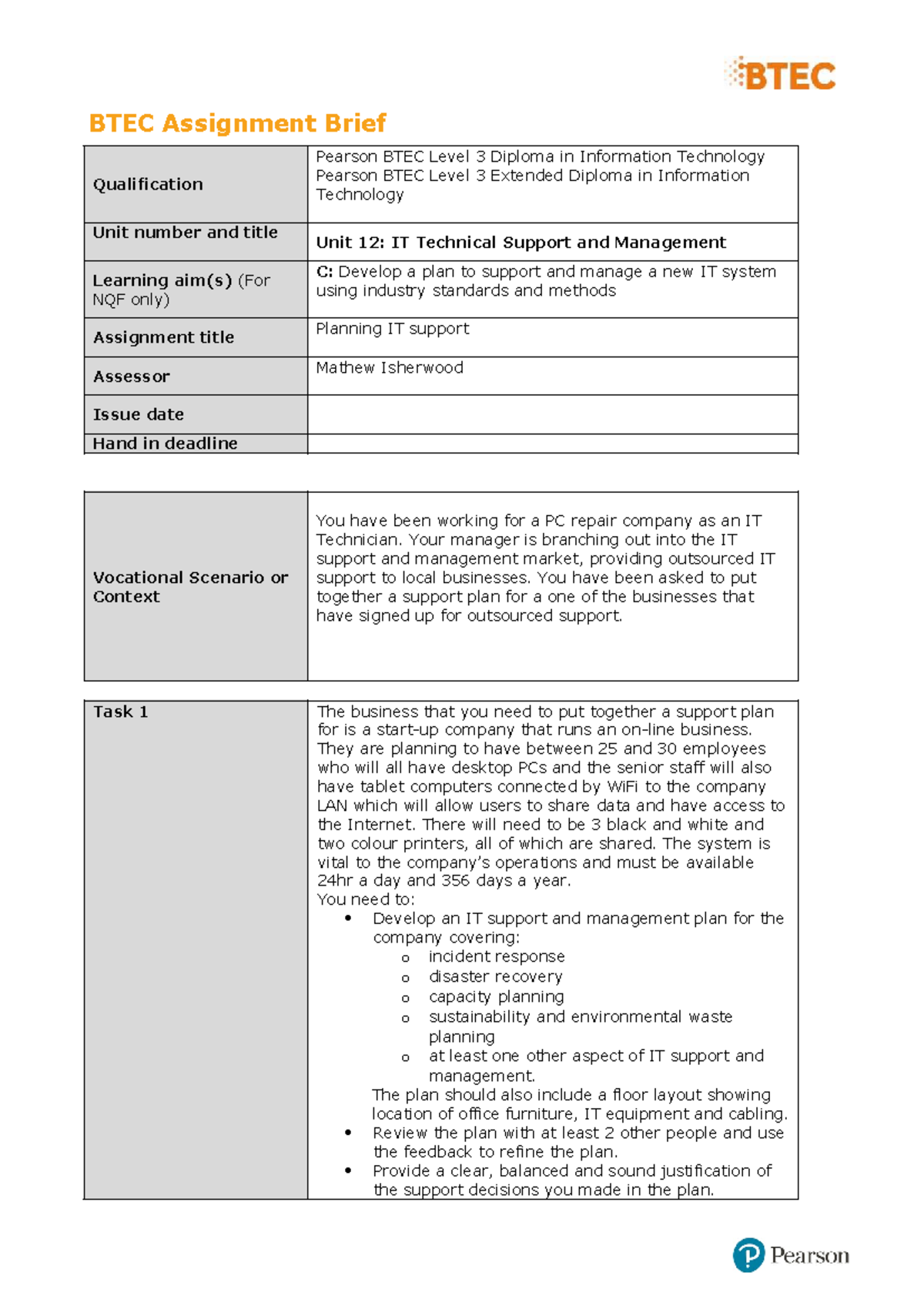 Unit 12: IT Support & Management Plan for BTEC Level 3 Diploma - Studocu