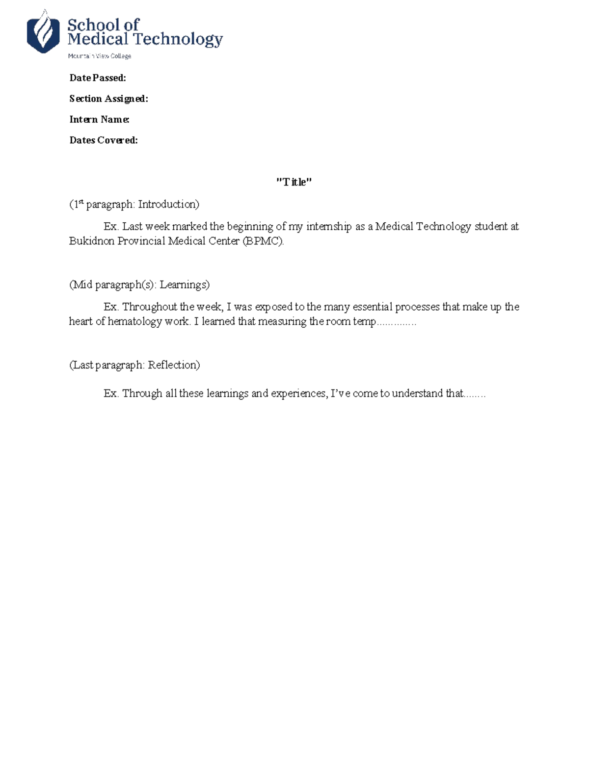 Format-for-Reflection - Date Passed: Section Assigned: Intern Name ...