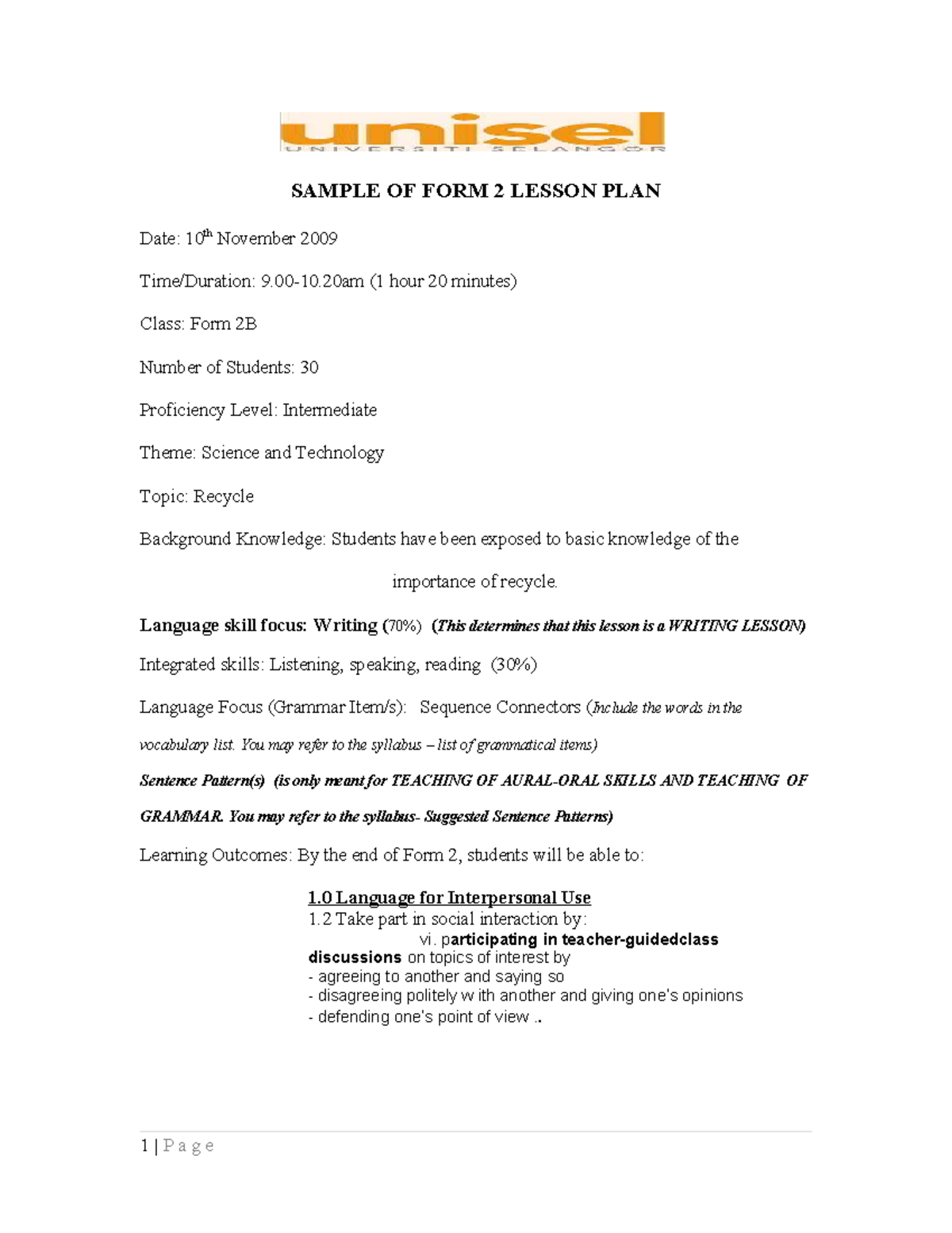 Form 2B Writing Lesson Plan: Recycling & Sequence Connectors - Studocu