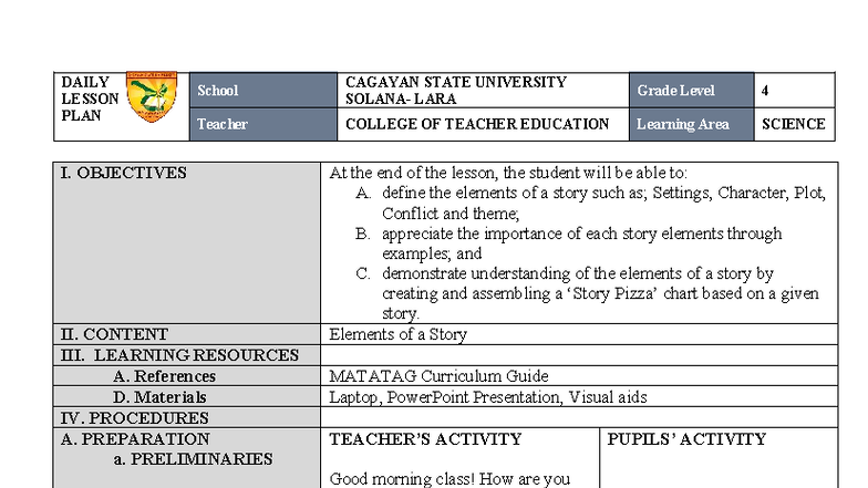 DAILY LESSON PLAN: Elements of a Story for Grade 4 - CTE - Studocu