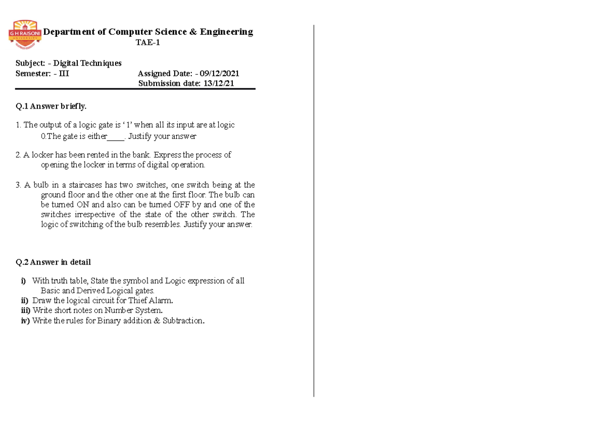 DT-TAE-1 - Assignment for the course Digital techniques - Department of ...