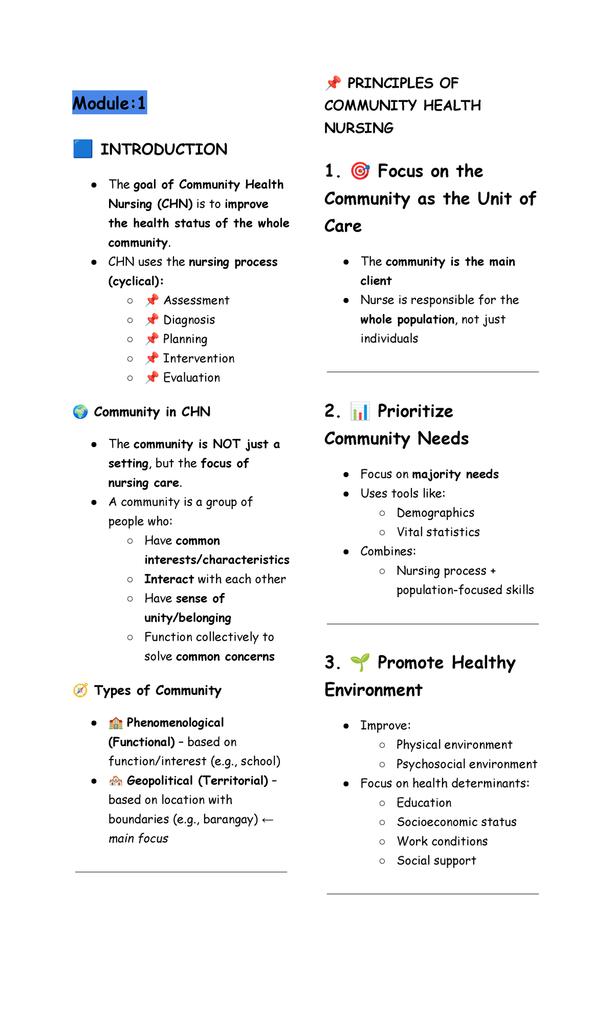 CHN Module 1: Principles of Community Health Nursing Overview - Studocu