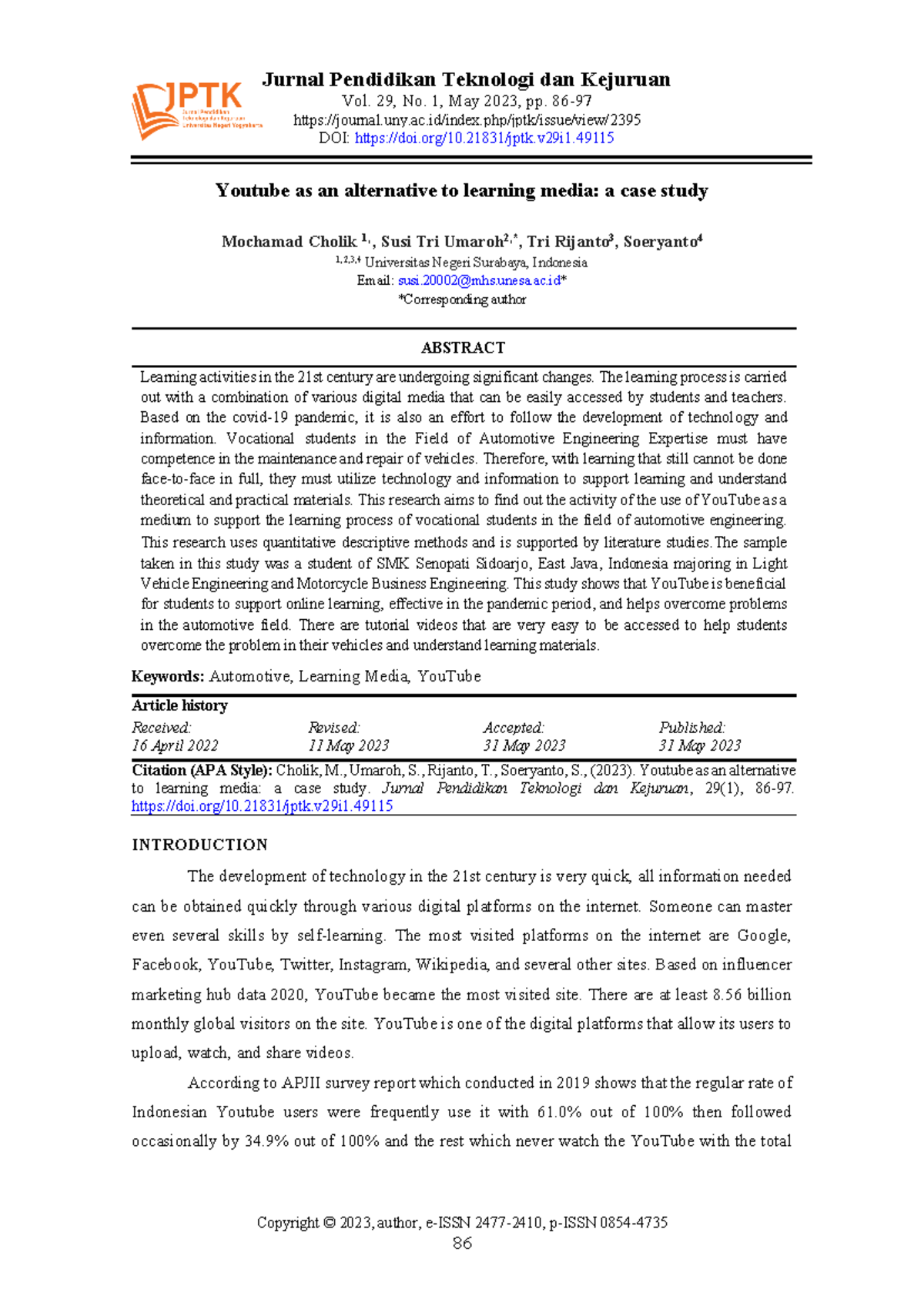 YouTube as a Learning Media: A Case Study in Automotive Education (JPTK ...