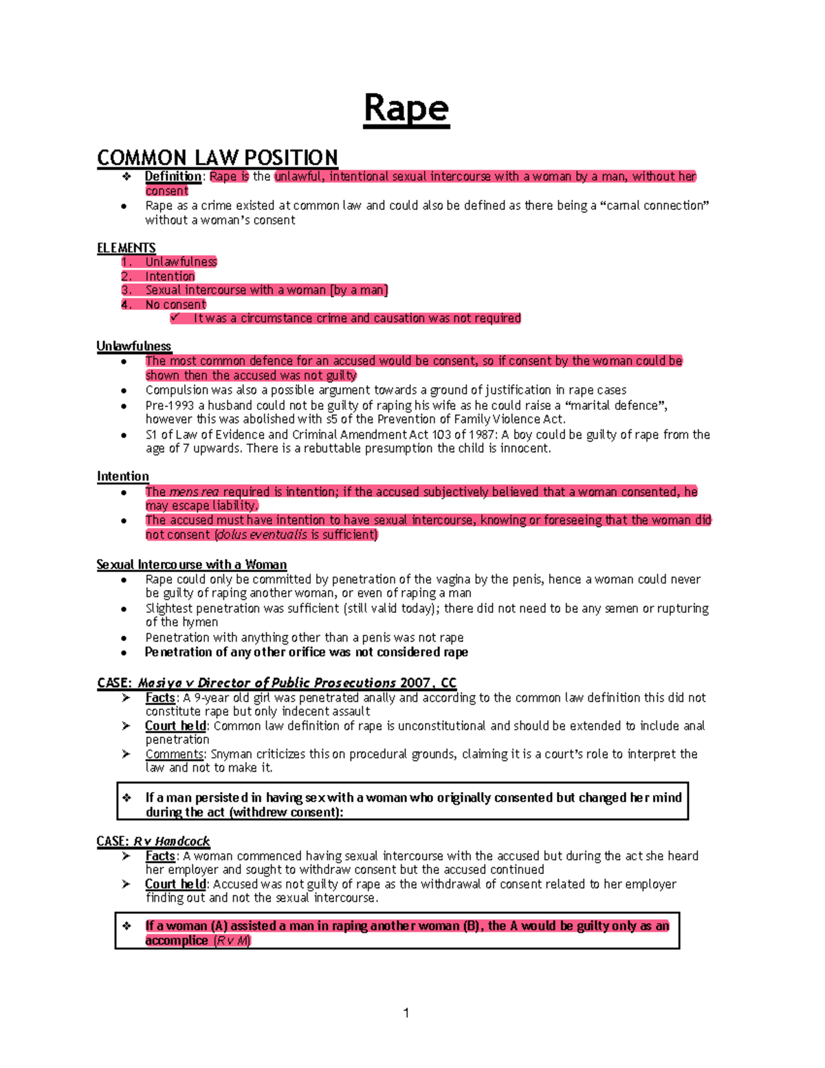 Rape Criminal Law: Common Law Position and Key Elements - Studocu