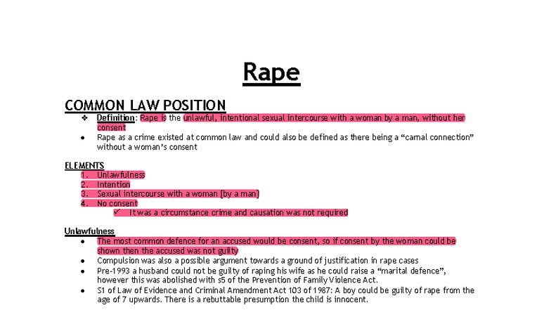 Rape Criminal Law: Common Law Position and Key Elements - Studocu