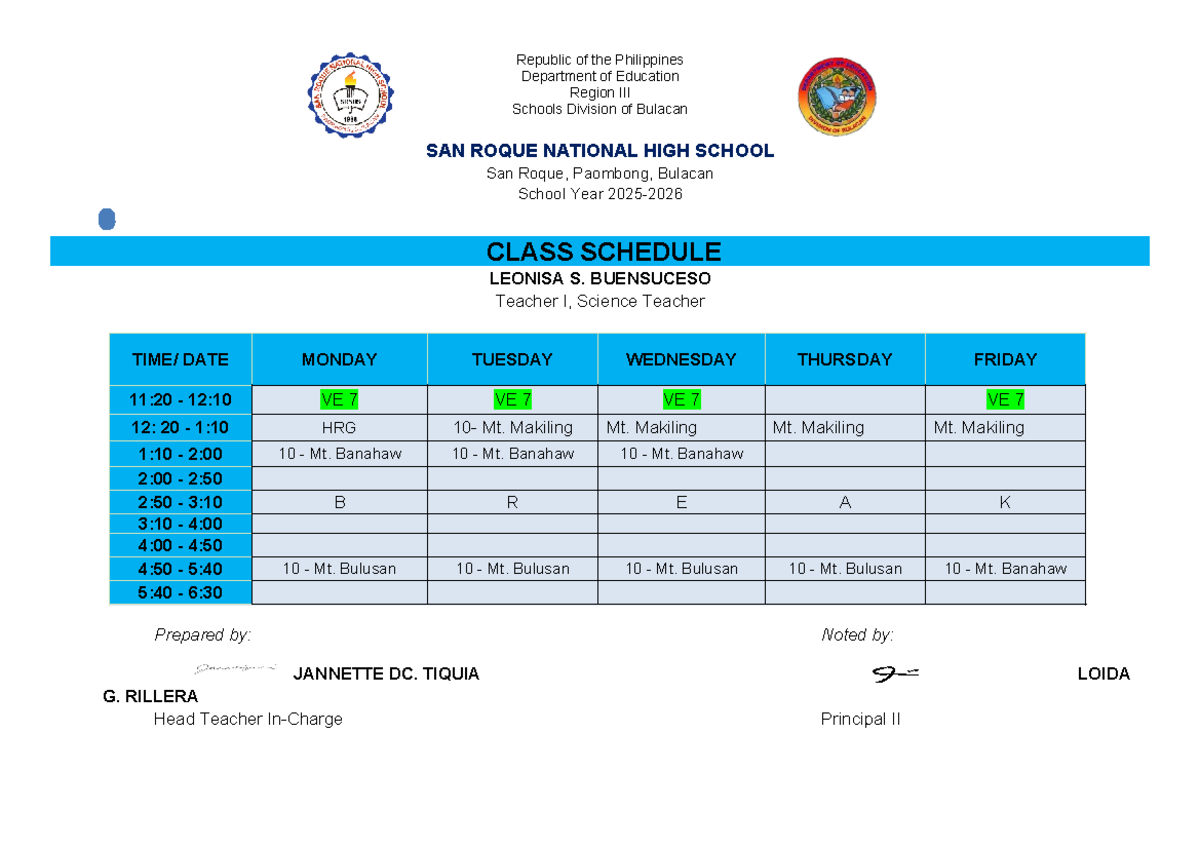 10 Mt Class Schedule For San Roque National High School Studocu