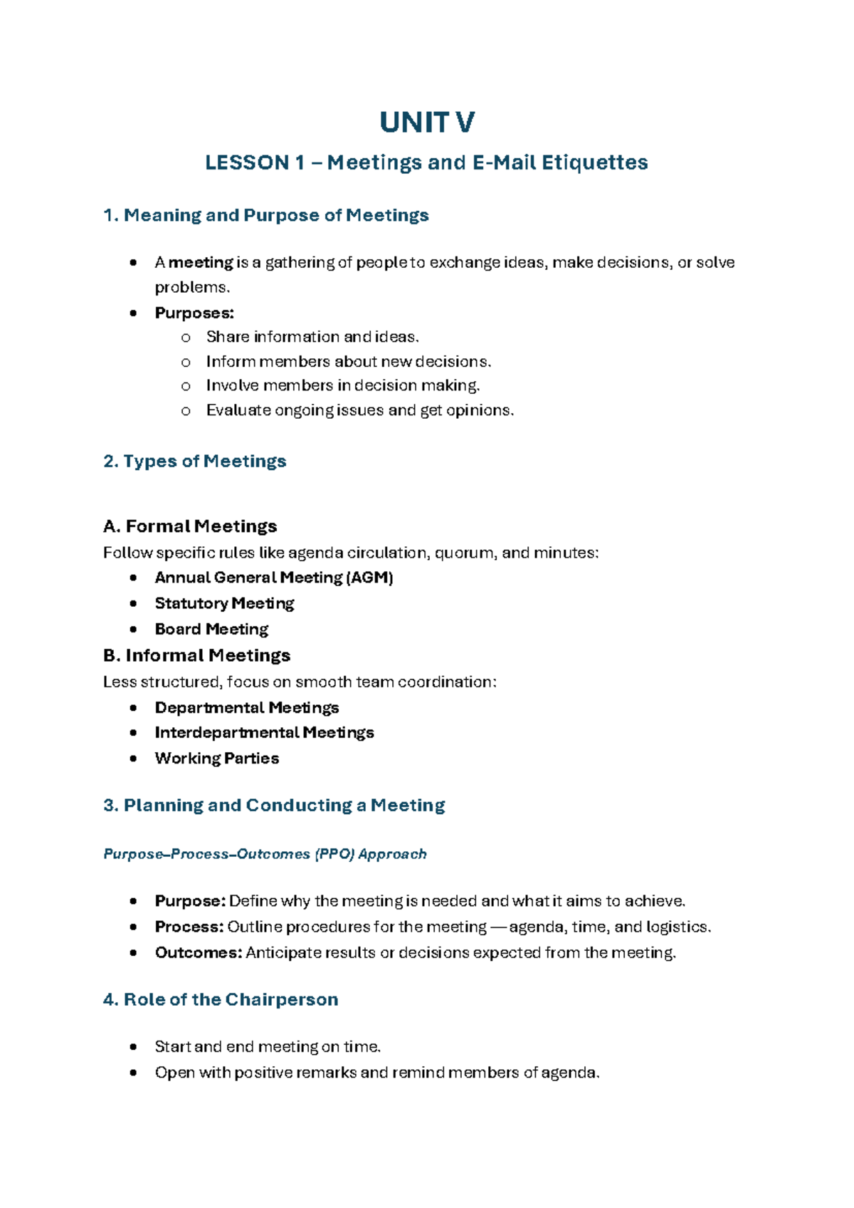 UNIT V LESSON 1 Meetings and Etiquettes Overview - Studocu