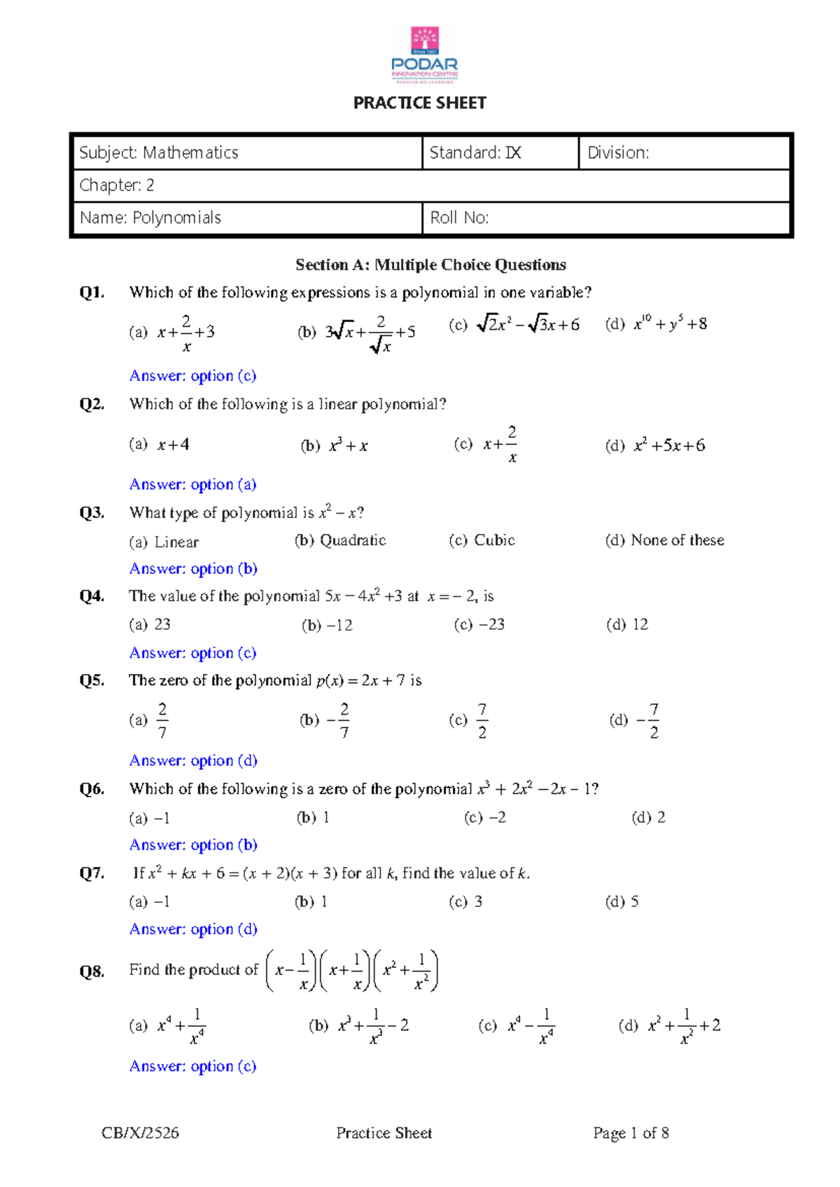 AS PS CB IX Math Polynomials Practice Sheet - Studocu