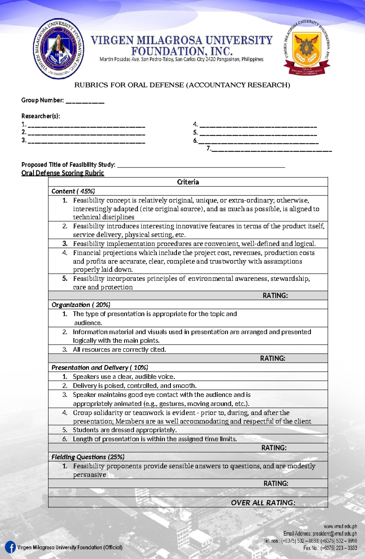 Accountancy Research Defense Rubric for Feasibility Studies - Studocu