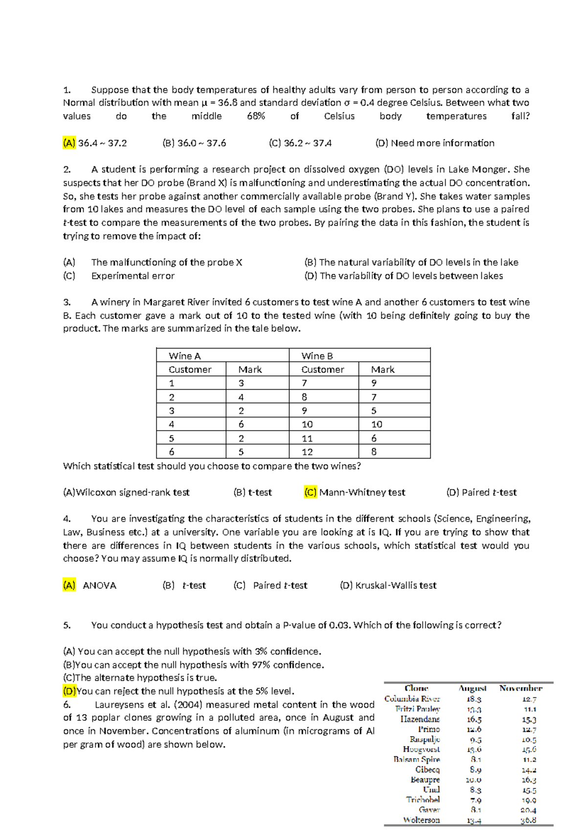 In-Class Practice for Module I: Statistical Tests & Analysis - Studocu
