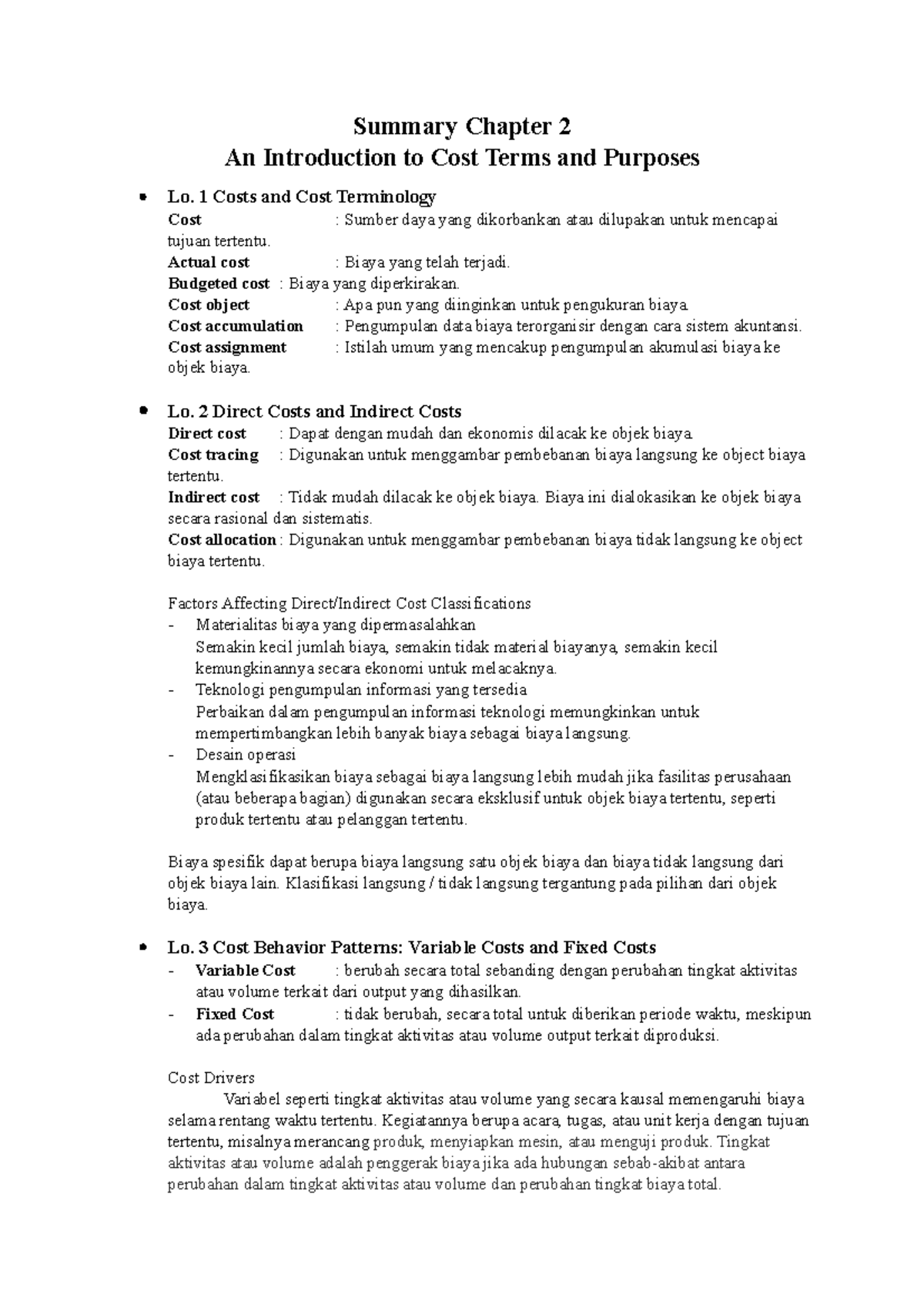 Summary Chapter 2: Cost Terms and Purposes Overview for ACC 101 - Studocu