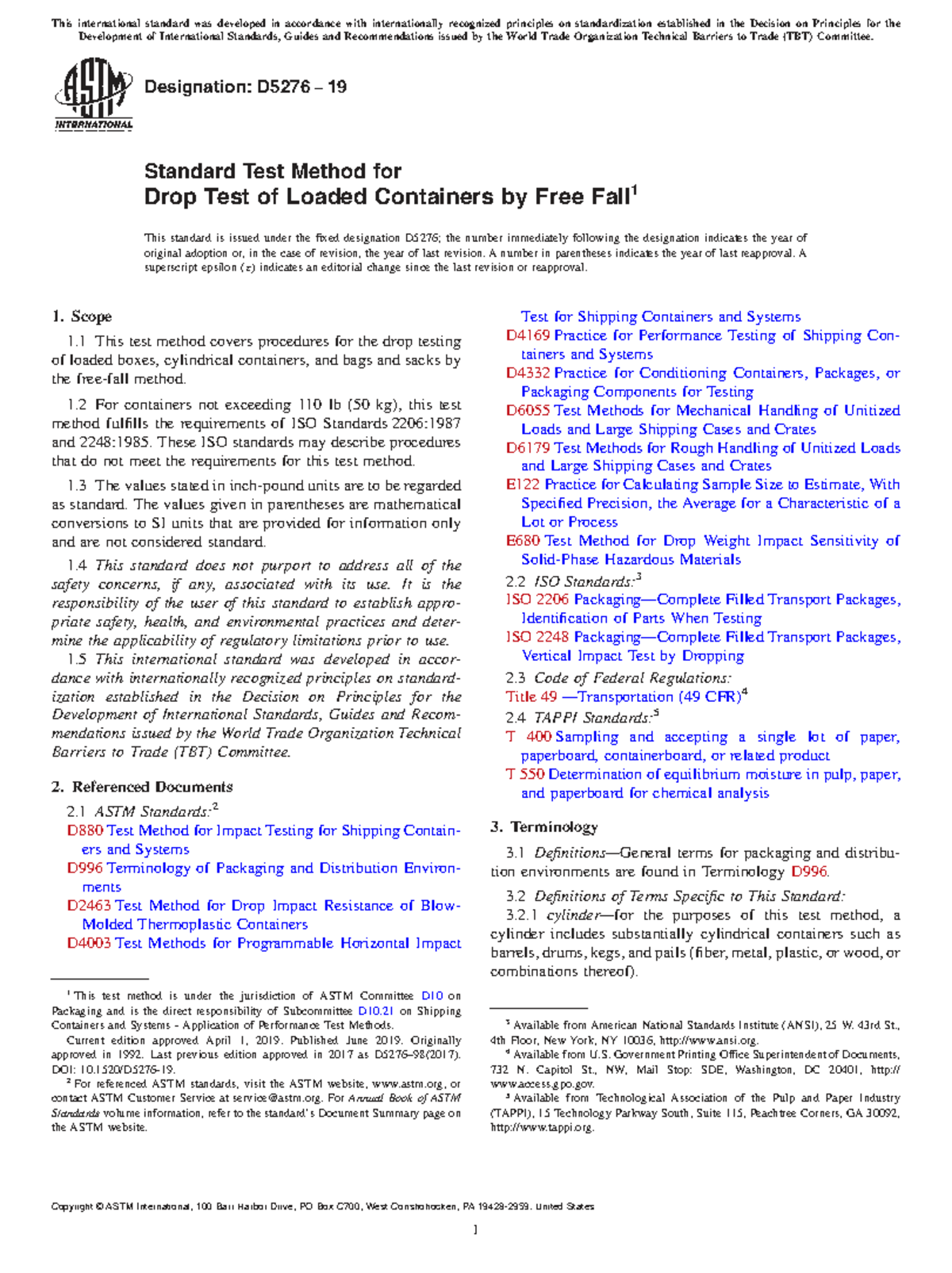 ASTM D5276-19 Standard Test Method for Drop Testing Containers - Studocu