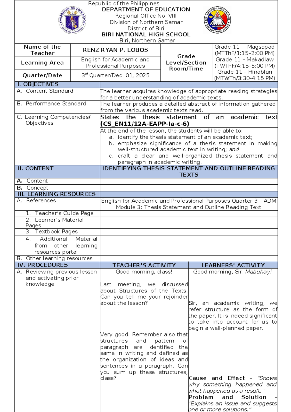 3rd Quarter DLP for EAPP: Thesis Statement & Outline Reading - Studocu