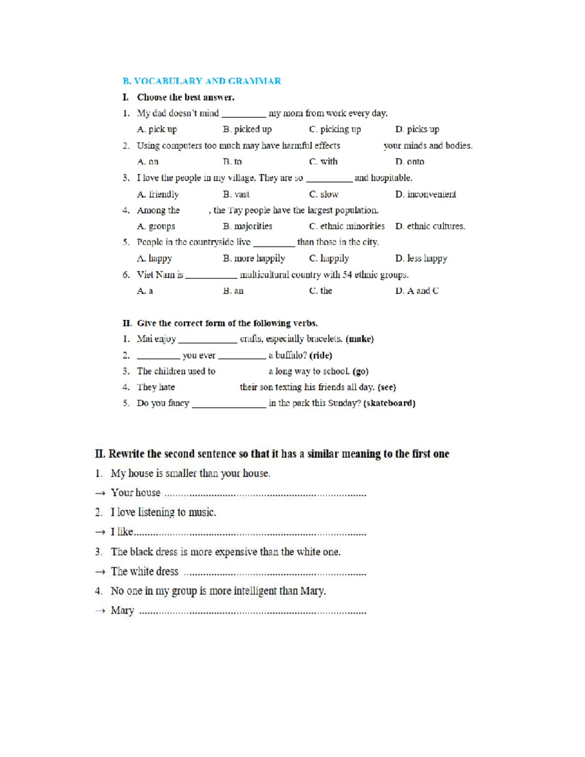 Review Unit 1-3: Vocabulary & Grammar Exercises (B) - Studocu