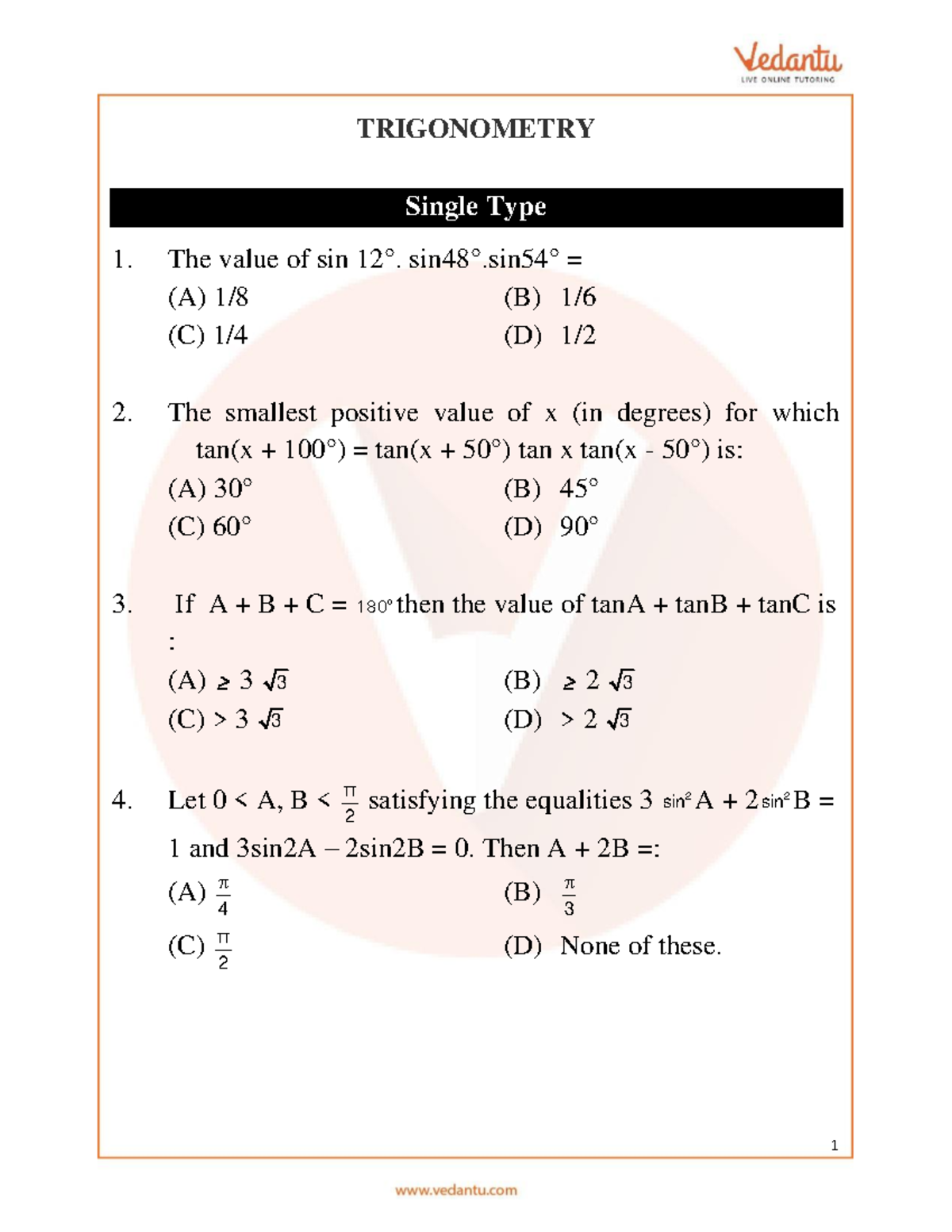 Mathematics JEE Main Trigonometry Questions with Detailed Solutions ...