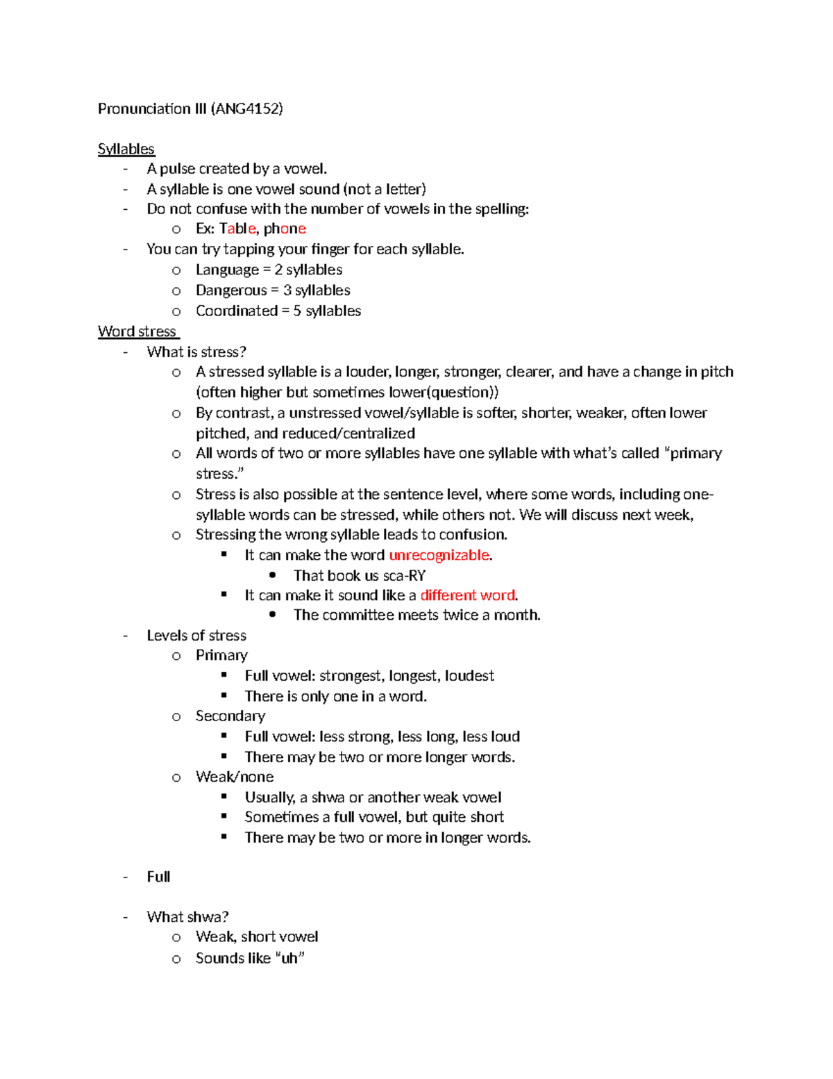 Pronunciation Basics (ANG4152) - Syllables and Word Stress Notes - Studocu